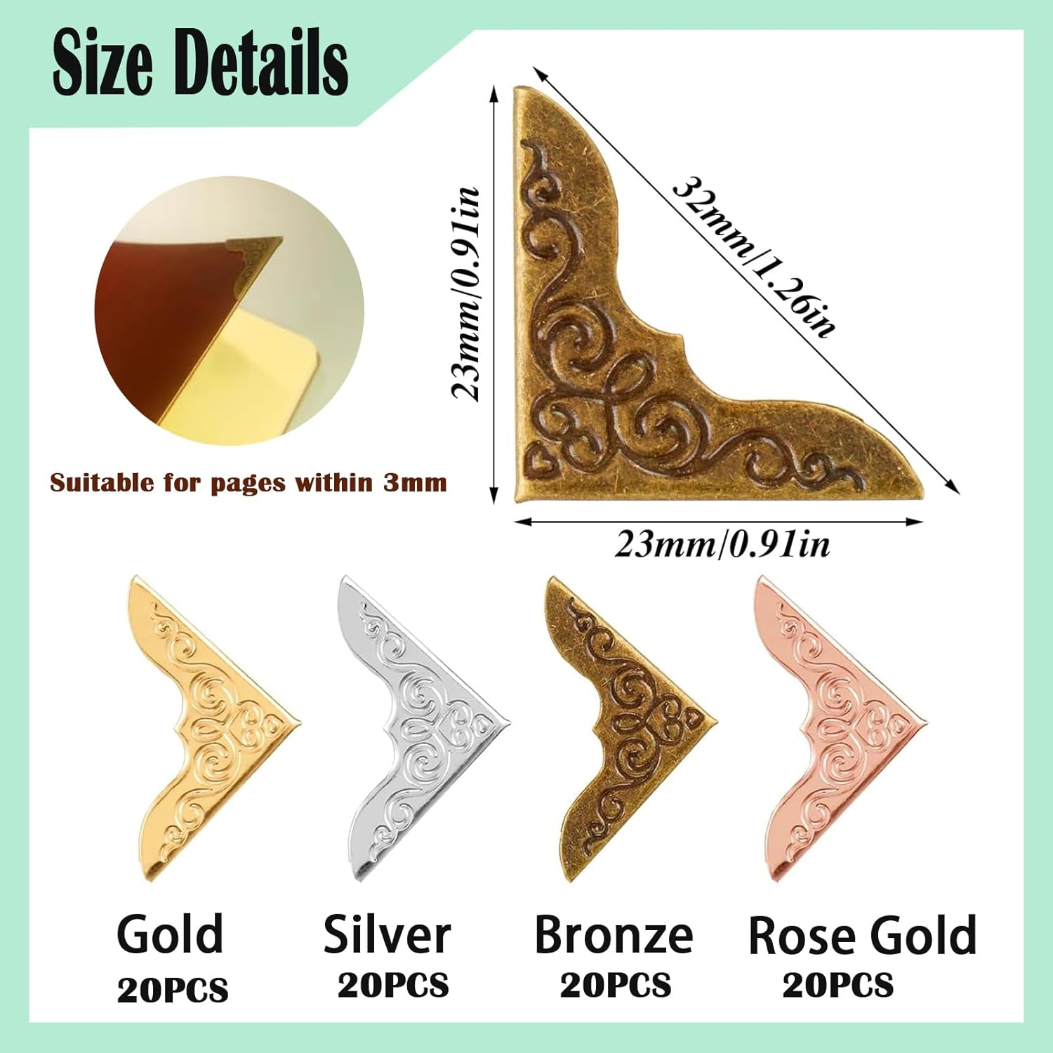 80Pcs Metal Book Corner Protector, 4 Colors Protective Corner Edge Decoration for Books Vintage Corner Protection Vintage Photo Corners Decorative Protector for Scrapbook Menus Folder Book image number 3