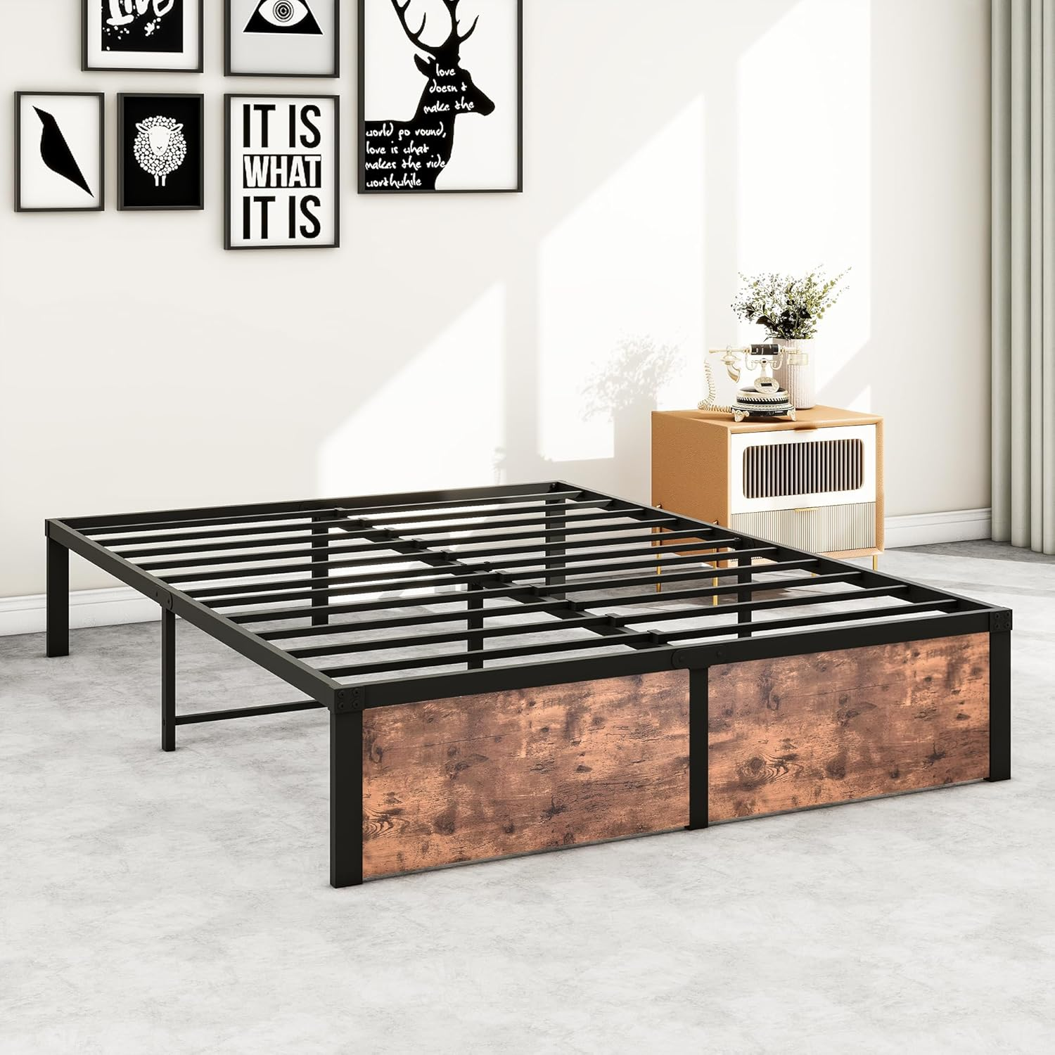 VERFARM Queen Size Bed Frames with Vintage Wood Footboard, Heavy Duty Metal Platform Bed Frame Queen, No Box Spring Needed, Easy Assembly, Rustic Brown image number 6