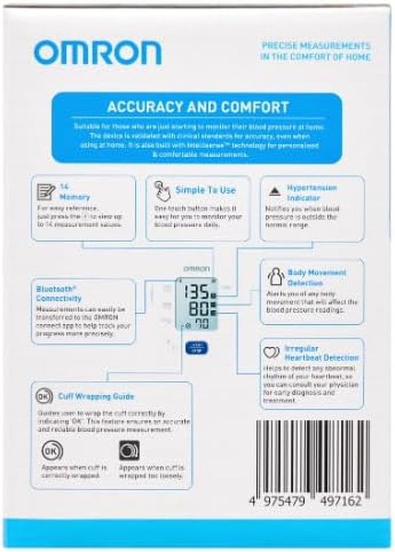OMRON HEM7142T2 Digital Bluetooth Blood Pressure Monitor &ndash; Upper Arm, Intellisense Technology, Irregular Heartbeat Detection, Cuff Wrap Guide, 14 Memory, 3+3 Warranty image number 3