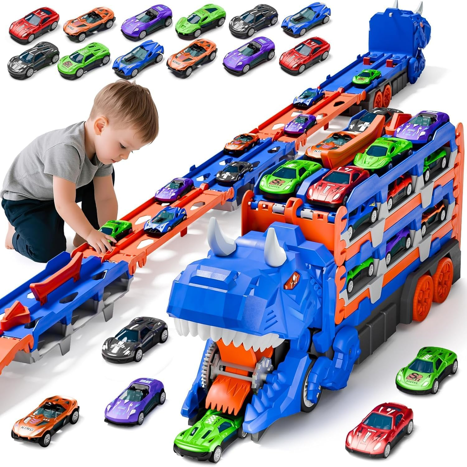 Toddler Car Truck Toys Gifts for 3 4 5 Years Old Boys, Toy Cars Track Set Dinosaur Transport Truck with 12 Pcs Die-Cast Cars Toys, Transforms into Dino, Toy Gifts for 3 4 5 6 Year Old Boys image number 3