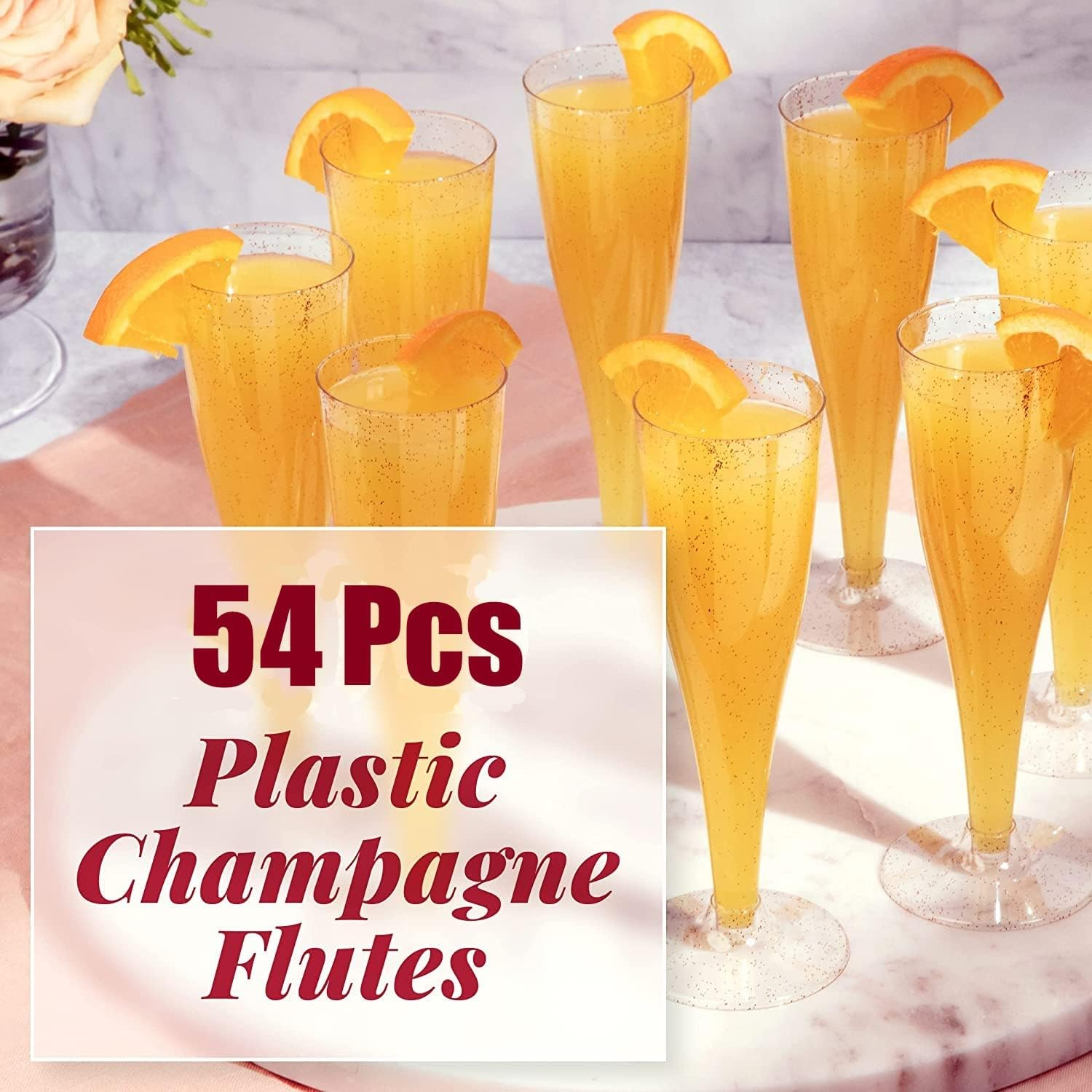 LATERN 60Pcs Plastic Champagne Flutes, 150Ml Gold Glitter Champagne Glasses Reusable Stemmed Party Wine Cups for Garden Wedding Anniversary Shower Parties (5 X 17Cm) image number 4