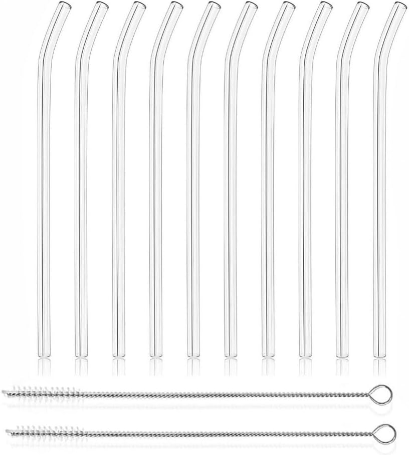 12 Reusable Borosilicate Glass Straws and Brushes, Measuring 7 Inches X 8 Millimeters, Including 10 Elbows and 2 Straw Brushes. Reusable Straw Brushes for Juice, Coffee, and Cocktails image number 1