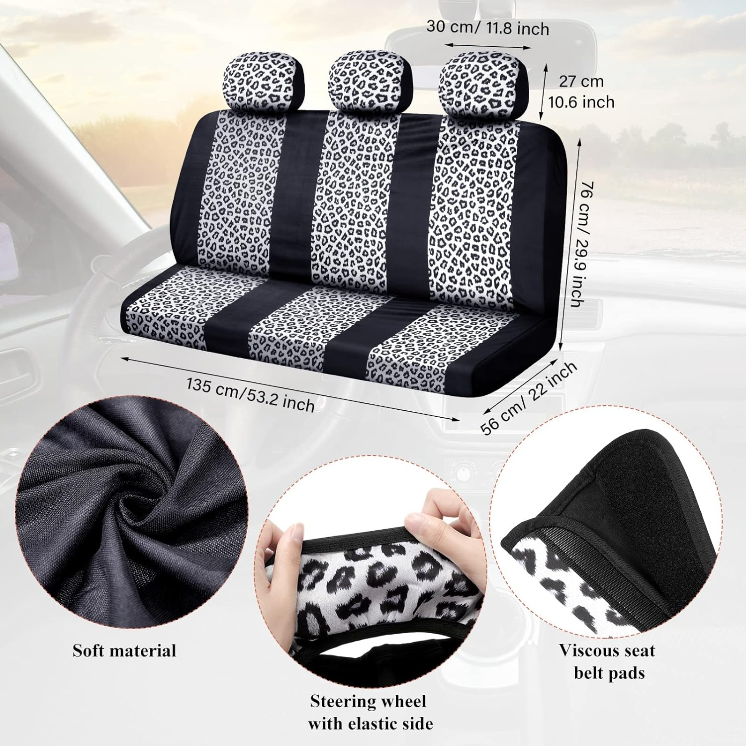 Frienda 24 Pcs Leopard Car Accessories Leopard Car Seat Cover Full Set Cheetah Steering Wheel Metal License Plate Headrest Seat Belt Armrest Pad Handbrake Gear Cover Keyring(White Black) image number 1