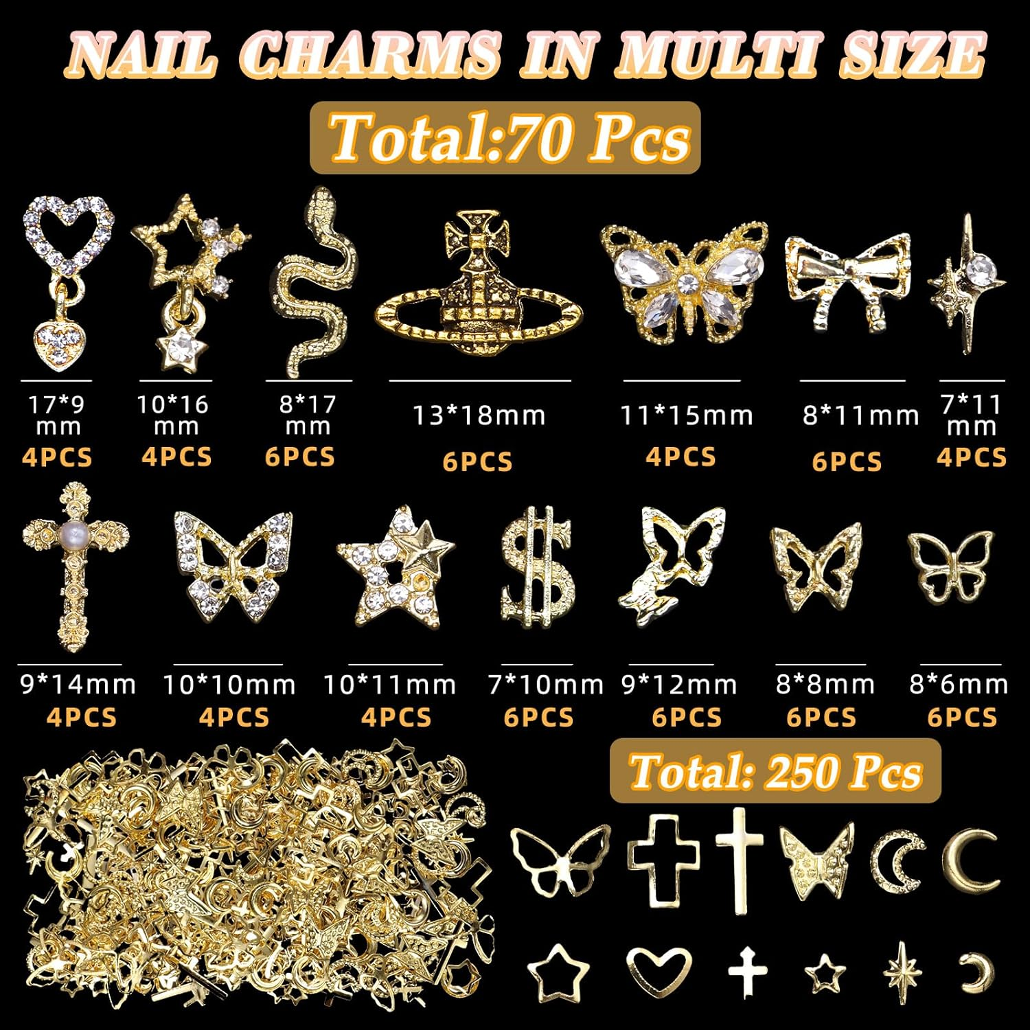 170 Pcs 3D Gold Nail Charms, Cross Snake Star Heart Dangle Nail Gems Charms, Bow Planet Dollar Butterfy Nail Gems for Alloy Nails, Rivet Nail Rhinestones for Nails Art DIY Design image number 1