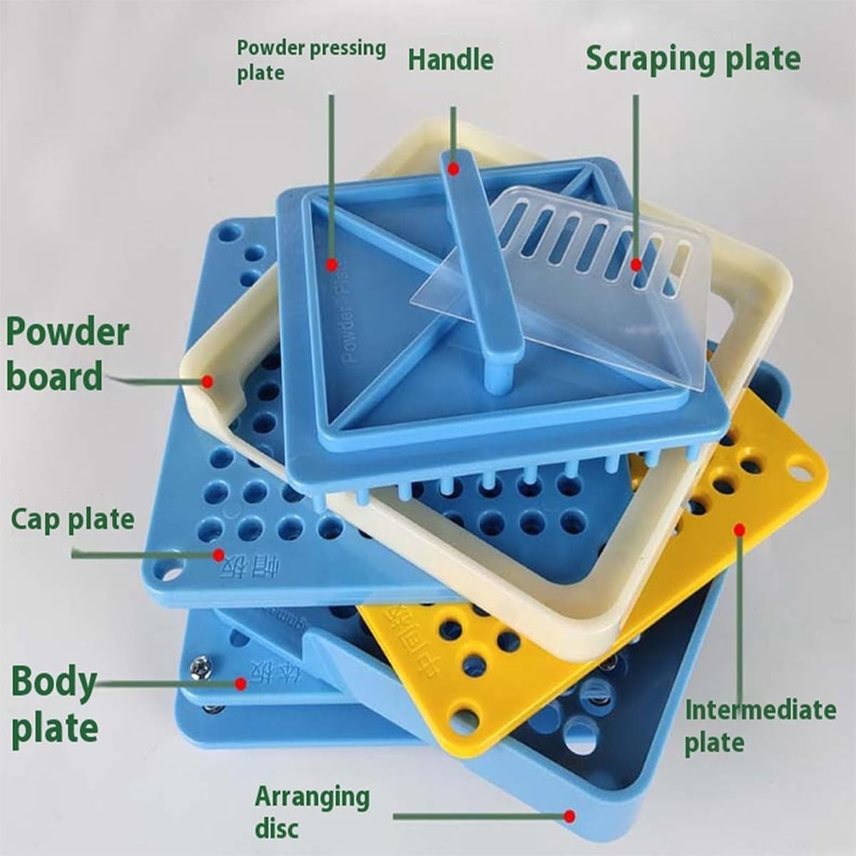 Capsule Filling Machine, 100 Holes Manual Filling Tray Kit, for Size 0 Gelatin Veggie Capsules for Vitamins, Herbs & Supplements Holes, (0#Cyan) image number 4