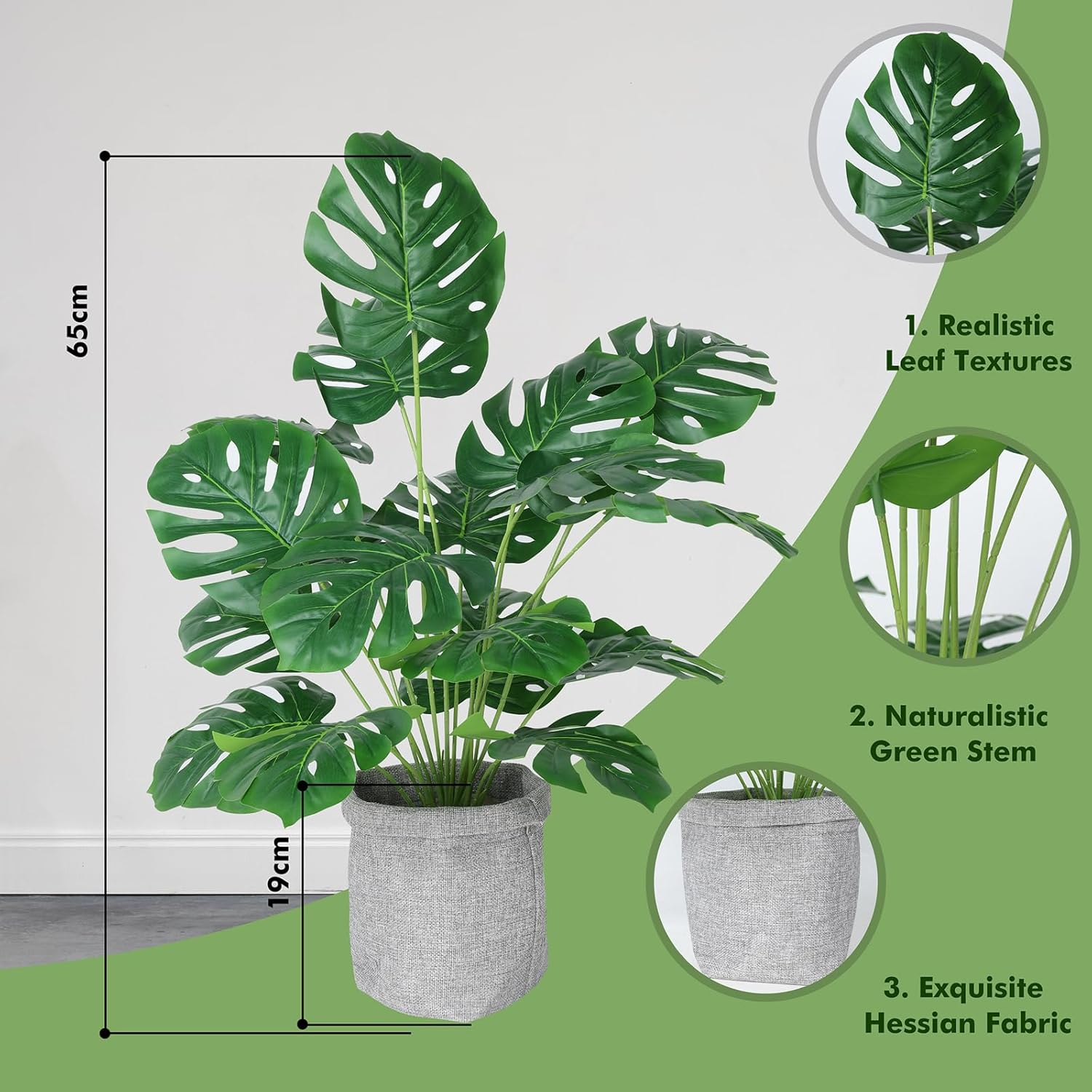 Artificial Areca Palm and Monstera Deliciosa Plants in Hessian Pot, 2-Pk, Large UV Resistant Fake Plants with Realistic Leaf Texture, Indoor Artificial Plants for Home Decor, 65Cm High, Fade Resistant image number 5