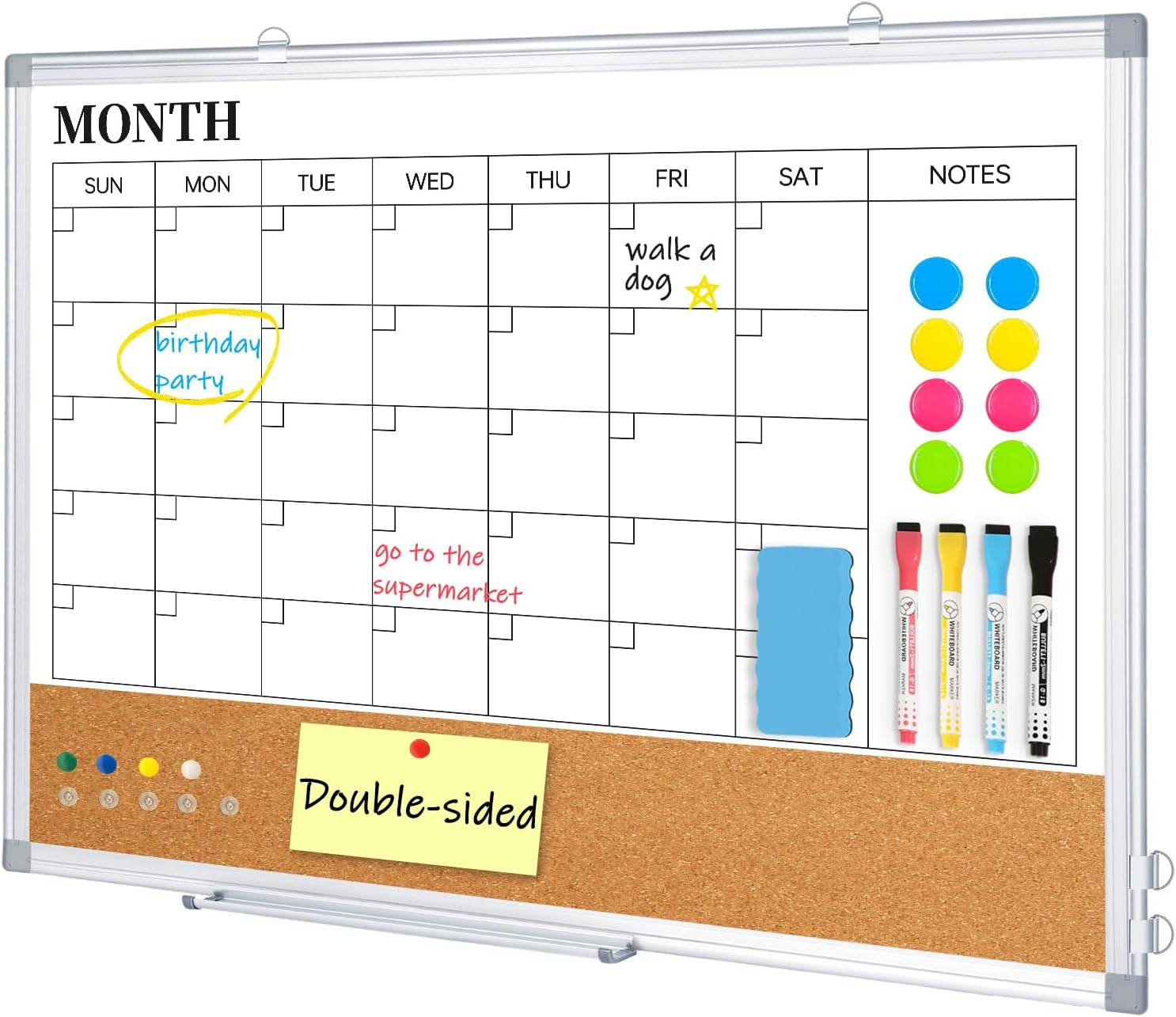 QUEENLINK Double-Sided Magnetic Whiteboard for Wall, Mountable & Hangable with Aluminum Frame, 45 X 60 Cm White Board for Office and Home with Markers, Magnets, Eraser