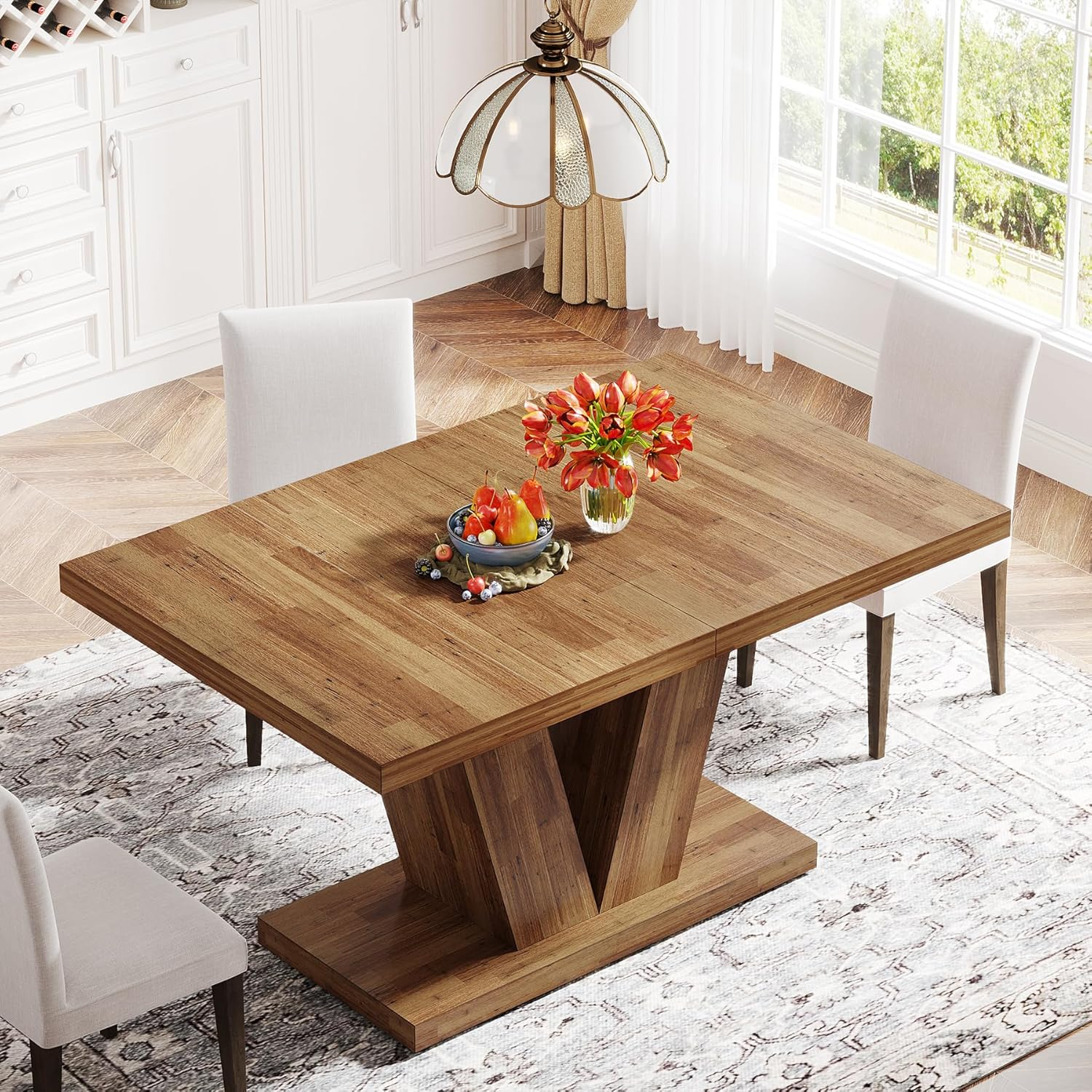 Tribesigns 119Cm Dining Table for 4, Walnut Brown Kitchen Dinner Table with Heavy Duty Pedestal, Farmhouse Wooden Eating Table for Home, Dining Room, Small Space image number 4