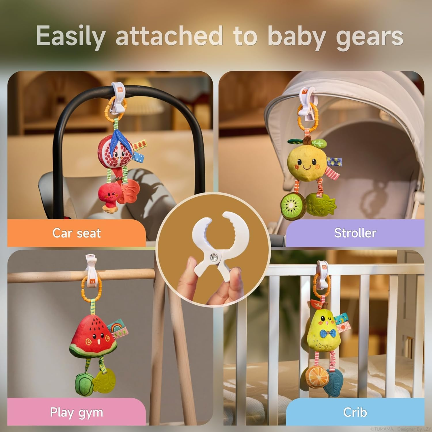 TUMAMA Baby Hanging Rattle Toys 4 Pack Fruit Soft Sensory Set for Car Seat Stroller Mobile 0 3 6 9 12+ Months image number 2