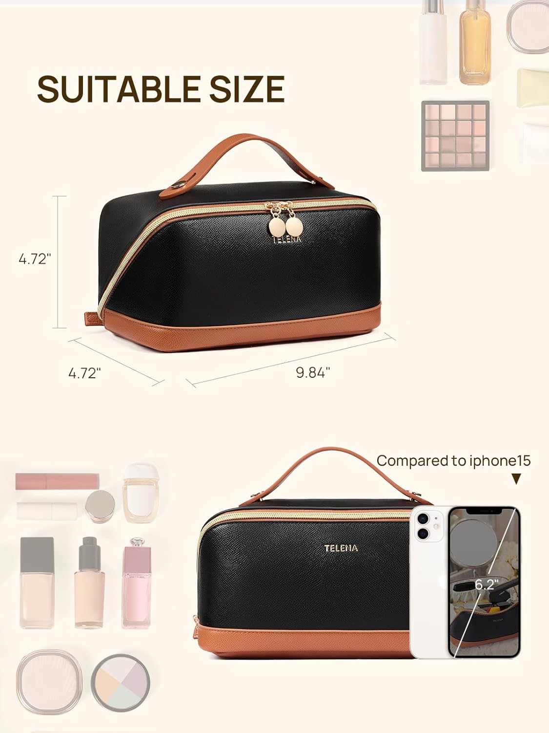 DDPOND Makeup Bag Large Capacity Travel Cosmetic Portable PU Leather Water Resistant Organizer Bags for Women with Handle and Divider Open Flat Beige with Brown image number 5