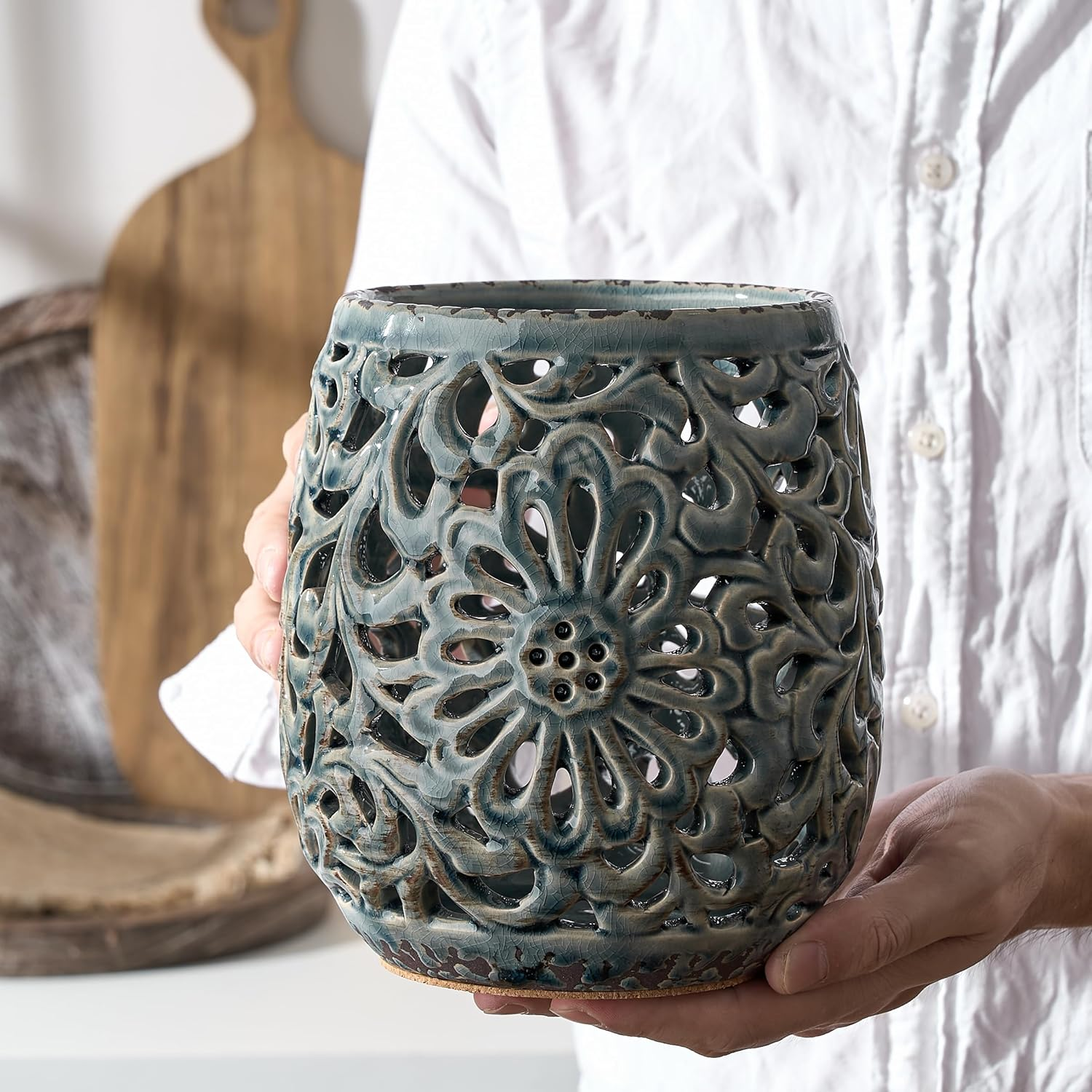 Farmhouse Kitchen Utensil Holder for Kitchen Counter, Ceramic Large Cooking Utensil Crock with Cork Mat, Countertop Cooking Tool Spatula Organizer, Antique Grayish Blue