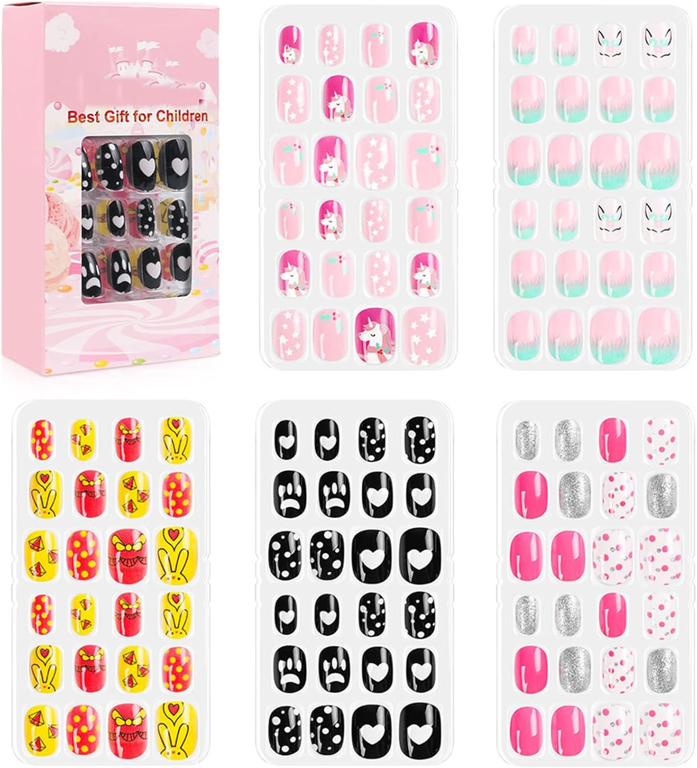 120 Pieces Kids Press on Nails for Girls Fake Nails Emboss Artificial Nail Tips Pre Glue Short Stick on Nails for Kids Nails Decoration Sleepovers Kids Valentine Day Gifts (NT30-6, NT30-6)