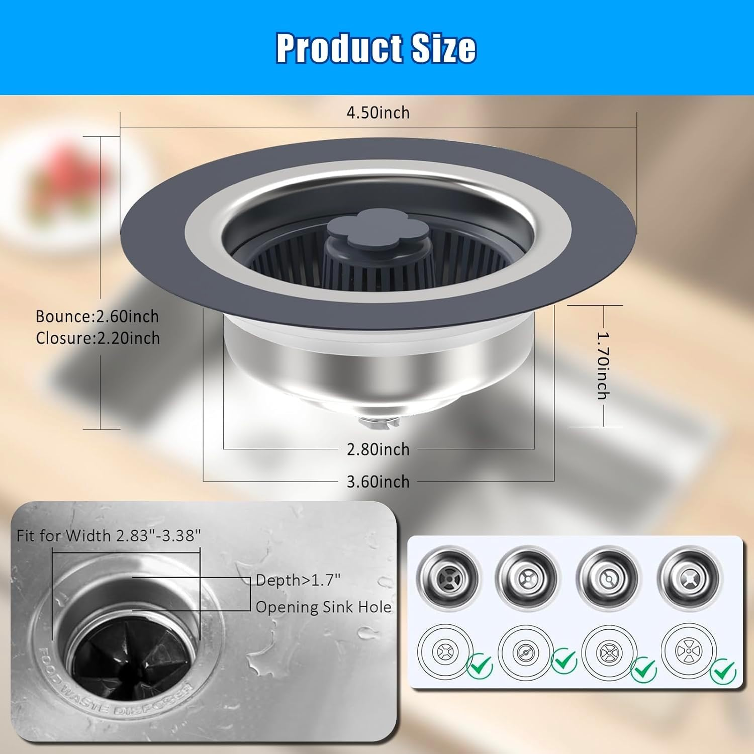 2 Pcs Kitchen Sink Drain Strainer, Upgraded 3 in 1 Kitchen Sink Drain Strainer Set, 304 Stainless Steel Sink Stopper, Silicone Anti-Clogging Catcher Basket,3-Layer Leak-Proof Silicone Ring Filter image number 3