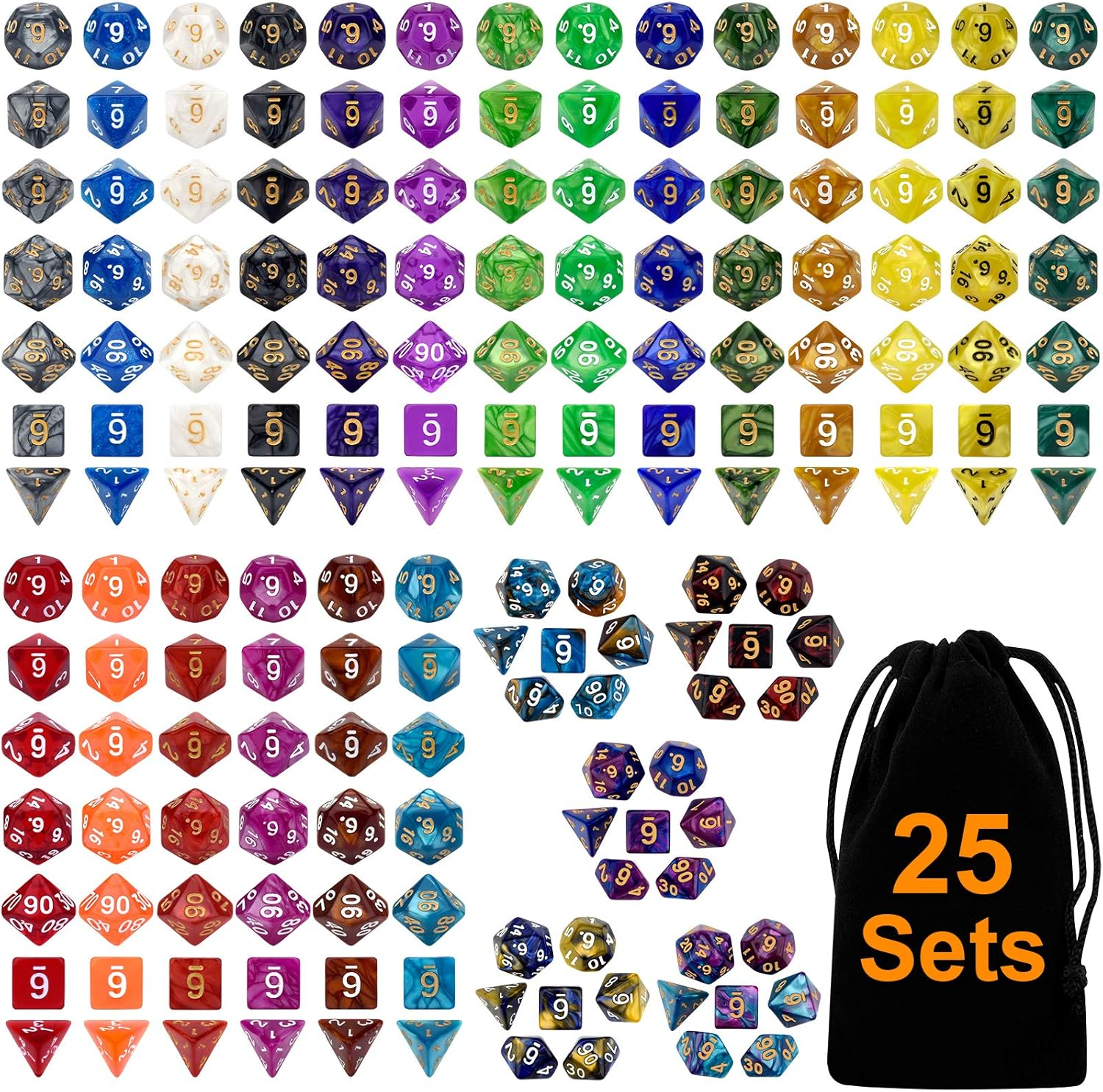 DND Dice Set 25 X 7 (175 Pieces) Double-Colors Polyhedron Dice for Dungeons and Dragons DND RPG MTG Table Games D4 D6 D8 D10 D% D12 D20 25 Colors Dice with 1 Large Flannel Bag image number 2