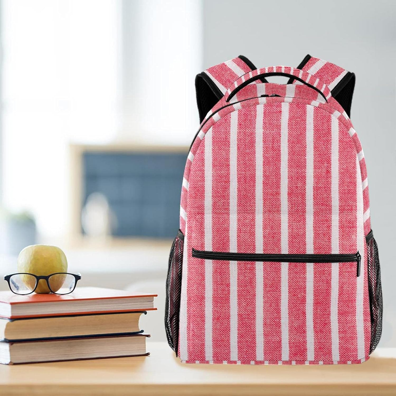 Red White Line Pattern Backpack Students Shoulder Bags Travel Bag College School Tote Backpacks