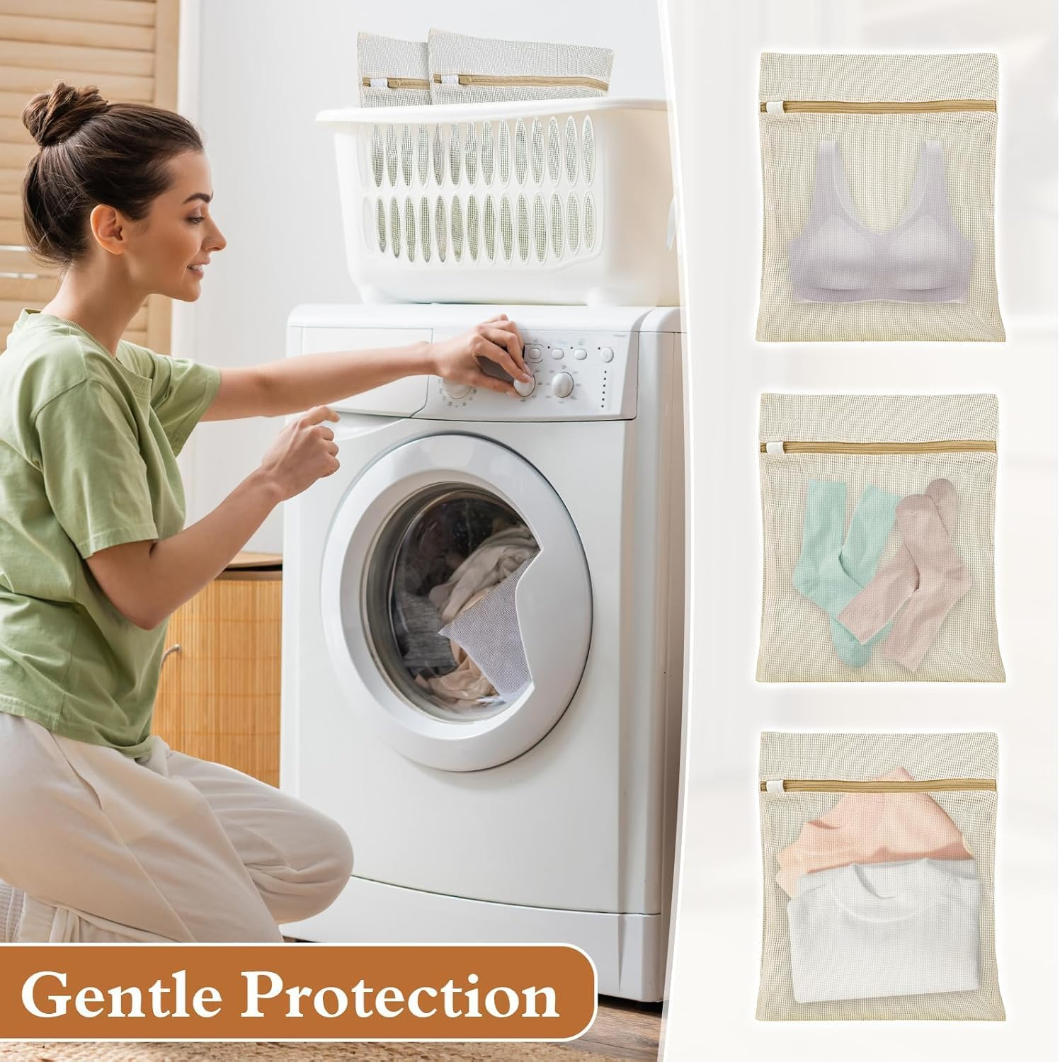 Natural Cotton Mesh Laundry Bags 12X16"" 3-Pack,Gentle Wash for Lingerie, Baby Clothes & Travel Essentials