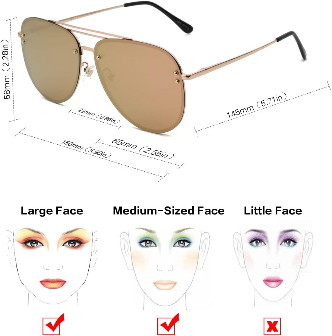 Premium Rimless Oversized Aviator Sunglasses for Women, Polarized PC Lens UV Protection Women&rsquo;S Shade VF2203