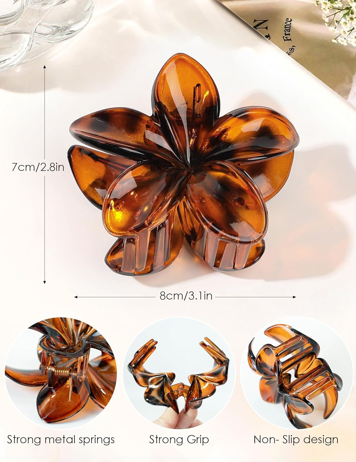 Hawaiian Plumeria Hair Accessories，6 Pcs Flower Claw Clips for Women，Strong Hold Nonslip Beach Tropical Hair Clips for Thick and Thin Hair (Amber) image number 4