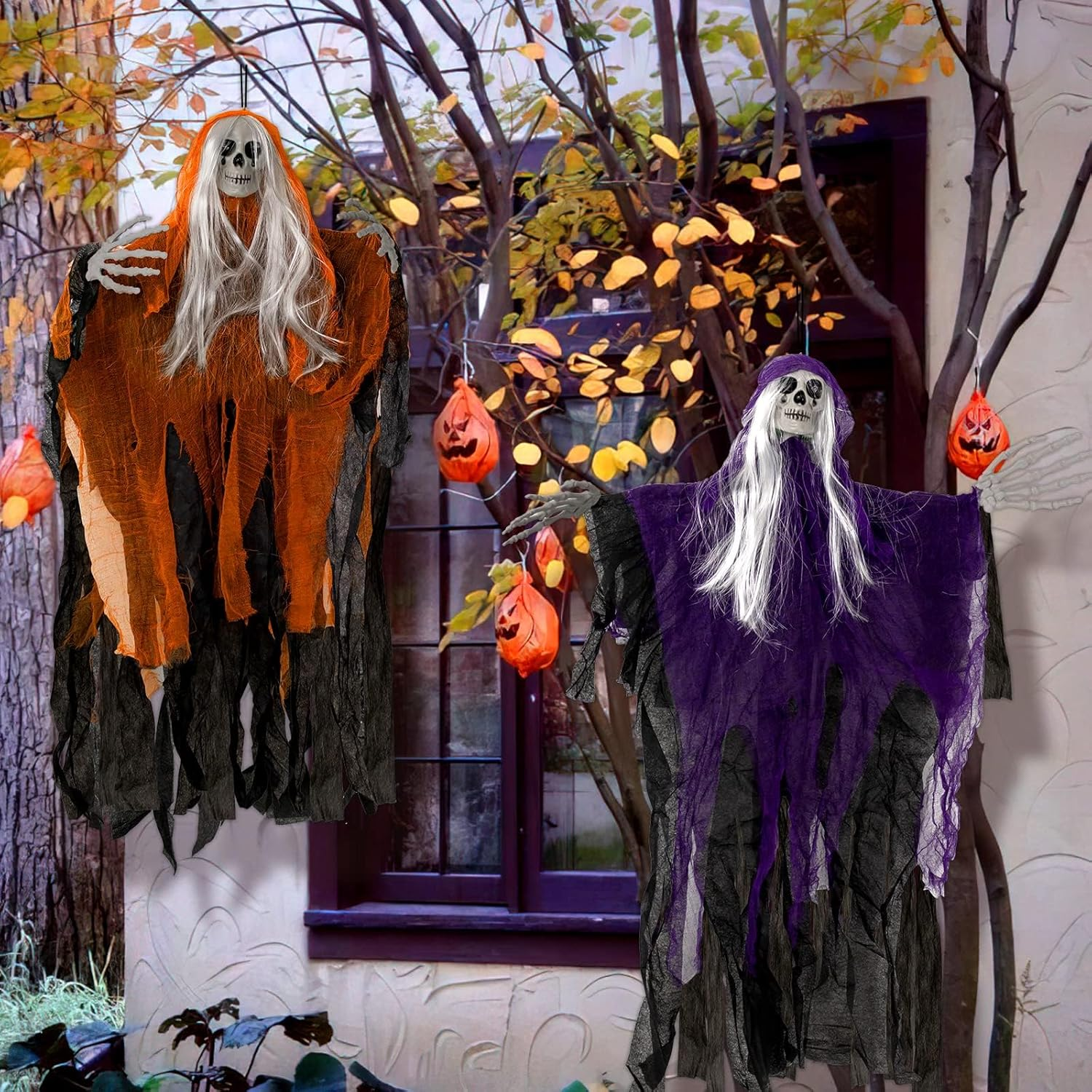 ZATMRA Scary Halloween Decorations Outdoor Hanging - 41" Halloween Hanging Ghost Skeleton with Glowing Eyes for Halloween Porch Yard Garden Tree outside Decorations, 2 Pack