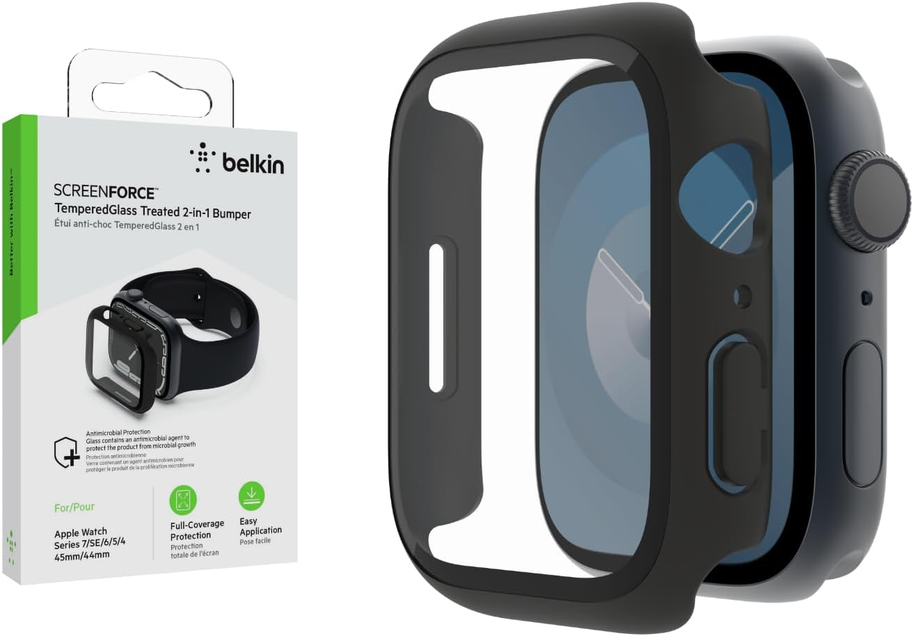Belkin Temperedcurve Screen Protector for Apple Watch Series 8 with Edge-To-Edge Coverage & Protective Bumper - Tempered Glass Screen Protector, Apple Watch Accessories - Clear