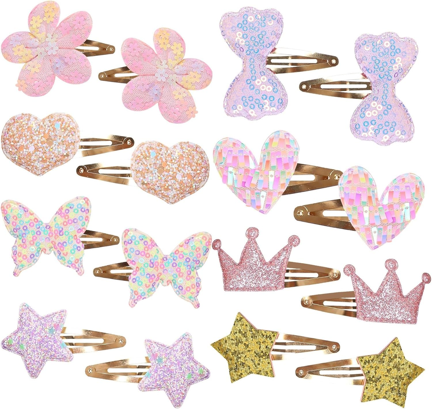 Hair Clips for Girls - 8 Pairs of Star, Crown, Heart, Butterfly Shaped Barrettes and Pins - Metal Snap Accessories for Styling Kids' Hair