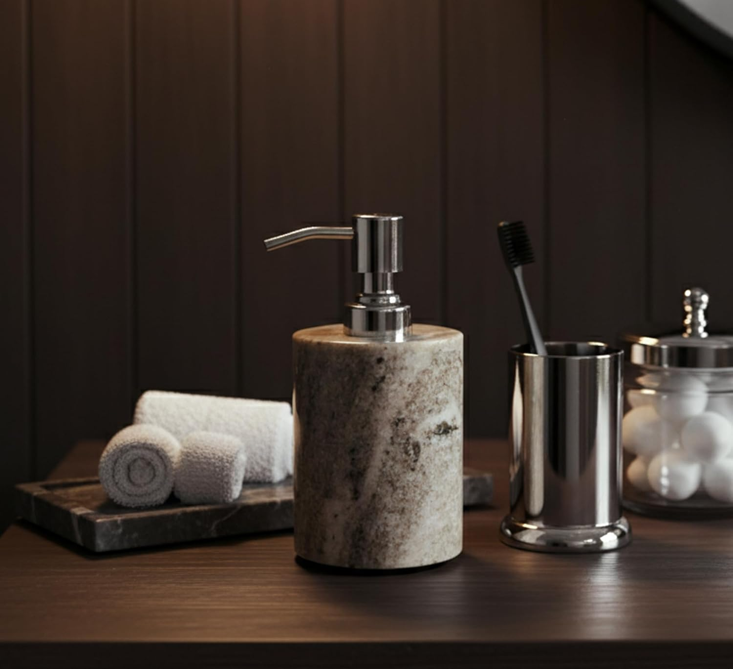 KLEO Soap/Lotion Dispenser - Made of Genuine Indian Marble in Brown Color - Luxury Bathroom Accessories Bath Set image number 4