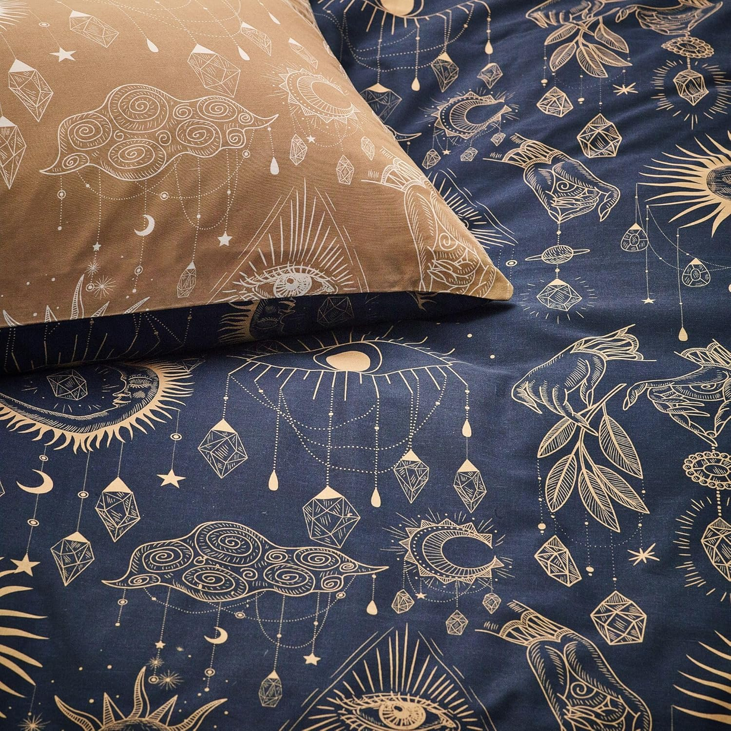 Furn. Constellation Duvet Cover Set &ndash; Celestial Galaxy Print with Stars & Moons, Reversible Polycotton Bedding (Gold/Navy &ndash; Super King) image number 1