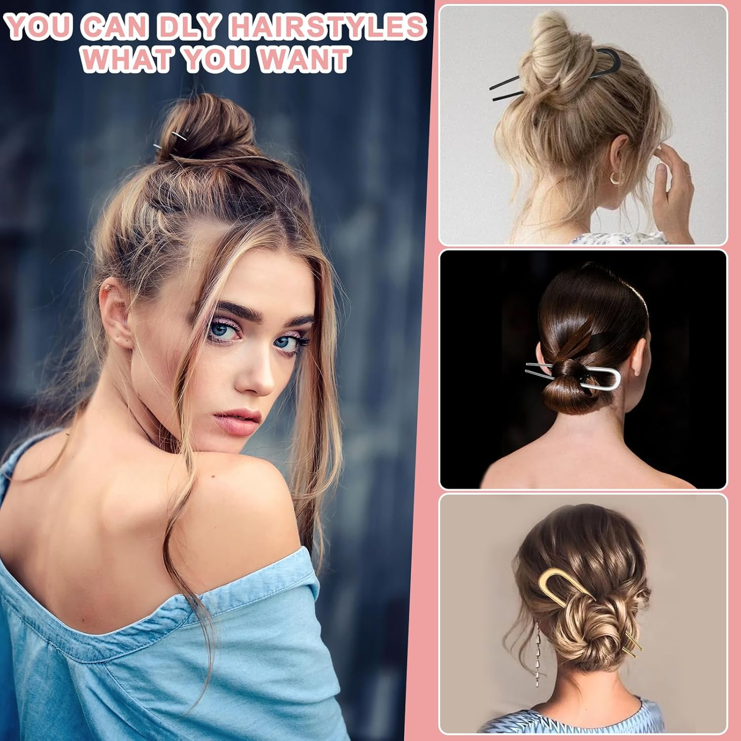 YONOY 3Pcs Metal French Hair Pins,U-Shaped Long Chignon 2 Prong Sticks for Buns, French Twist Hair Pin, Hair Sticks, Hair Fork(Black, Gold, Silver) image number 6