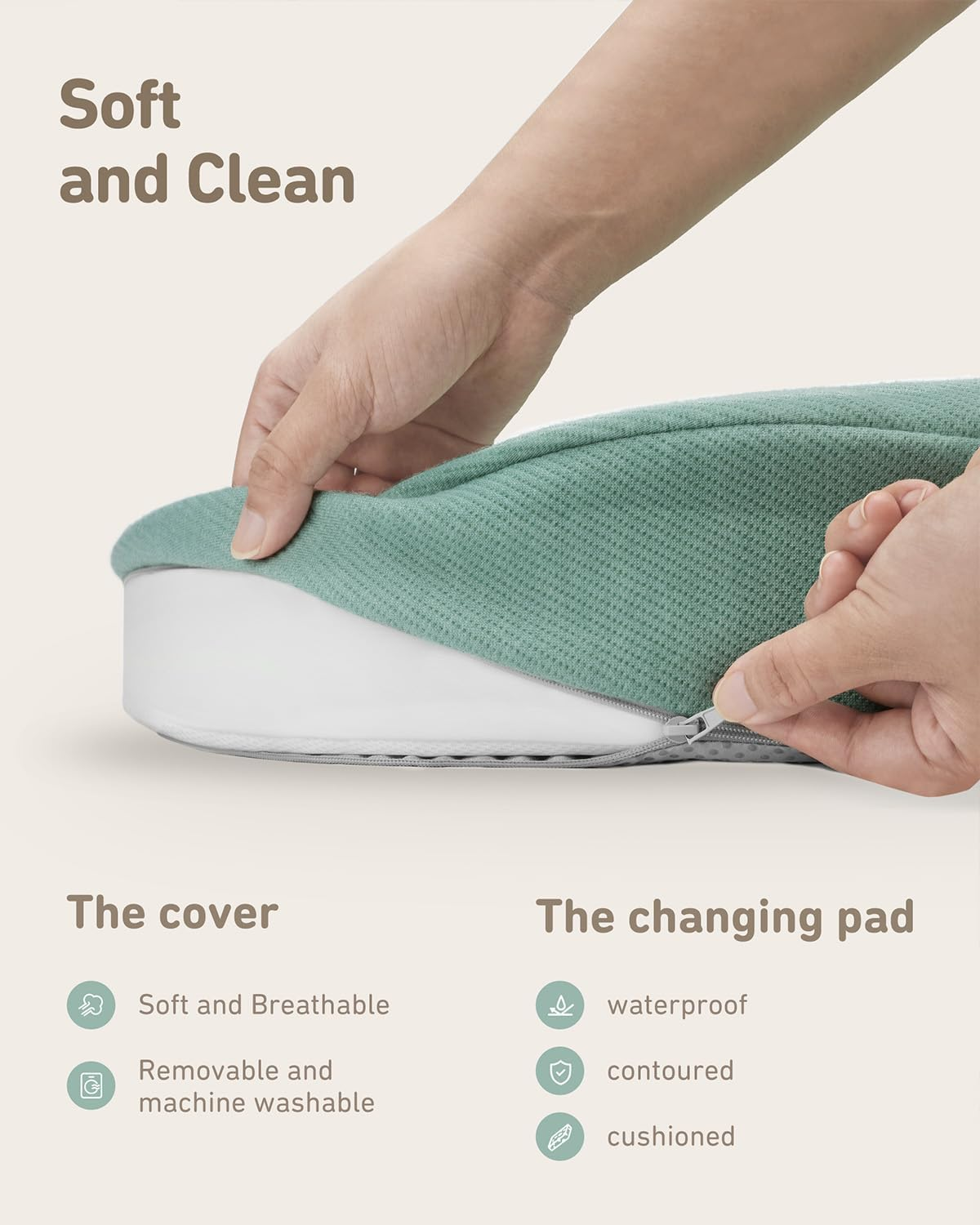 Blissful Diary Baby Changing Pad with Waterproof Lining Foam, Includes a Soft & Washable Cover, Contoured Changing Table Pads for Dresser Top with Non-Slip Bottom, 32&rdquo;&times;16&rdquo; (Green, Avocado) image number 3