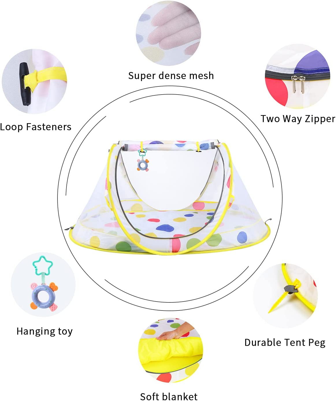 Stlove Travel Cot Foldable Pop up Portable Ultralight Weight Baby Beach Tent Infant Crib Mosquito Net Travel Bed Include Blanket Prevent Urine Penetration Peach Skin Velvet 111 * 68.5 * 49Cm Yellow image number 4