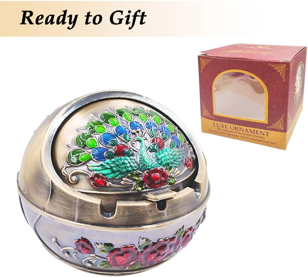 Hourwof Smokeless Ashtray with Lid - Peacock Windproof for Outdoor Patio Balcony, Metal Cigarettes for Home Office Tabletop Decor - Birthday Housewarming Gift, Bronze image number 1