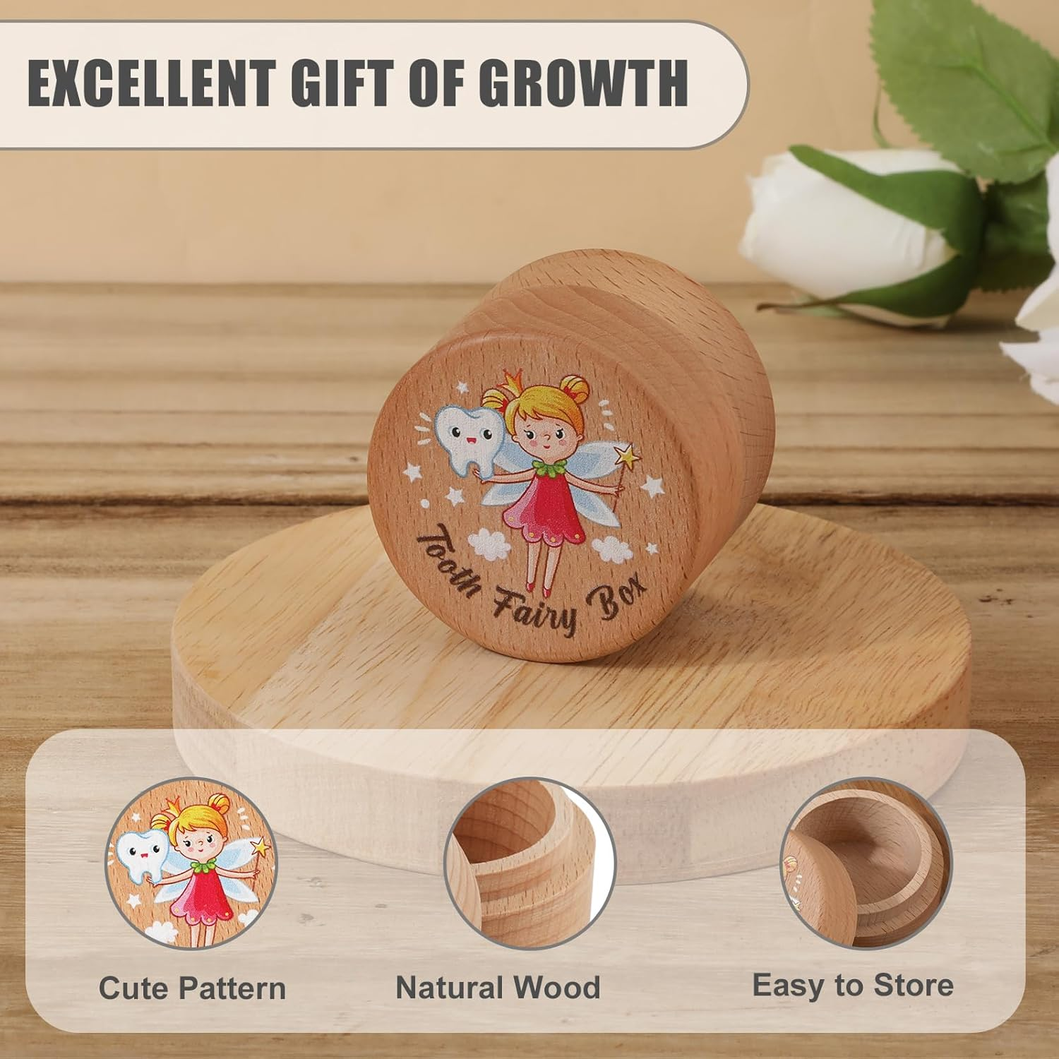 Tooth Fairy Box, Wooden Tooth Holder Tooth Cute Tooth Keepsake Box Tooth Storage Box Baby Tooth Saver Container Box for Kids Boys and Girls(Style 3) image number 3