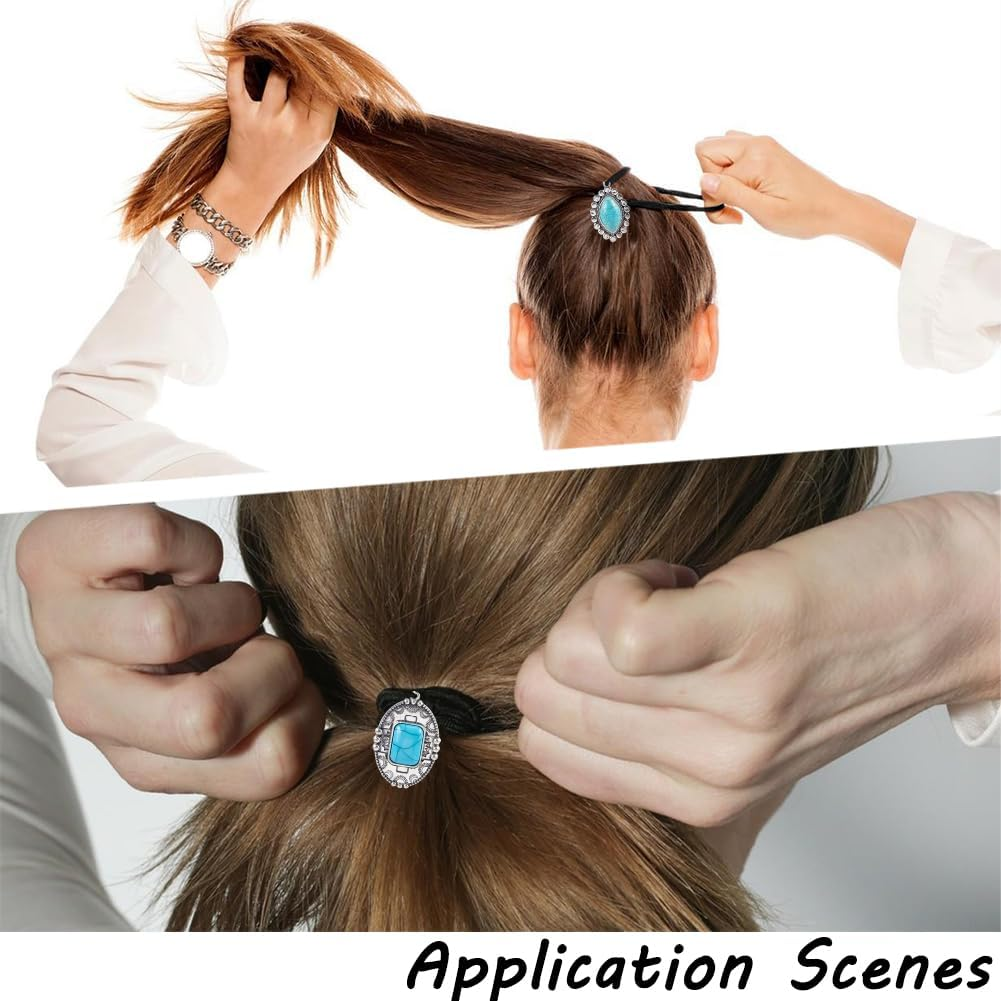 CABODYALS Pack of 3 3 Styles Western Style Turquoise Decorative Hair Bobbles Bracelet Vintage Boho Metal Ponytail Holder Cowgirl Elastic Hair Bands Rope for Women Party Outfit Dresses Accessories image number 5