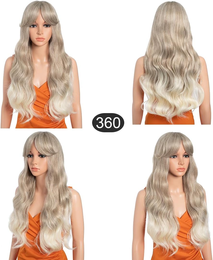 26 Inch Long Wavy Wigs for Women, Black Wig with Bangs, Ombre Brown Wig with Dark Roots, Long Layered, Heat Resistant, Synthetic, Natural Looking for Daily Party Use (T-LINEN (62)) image number 6