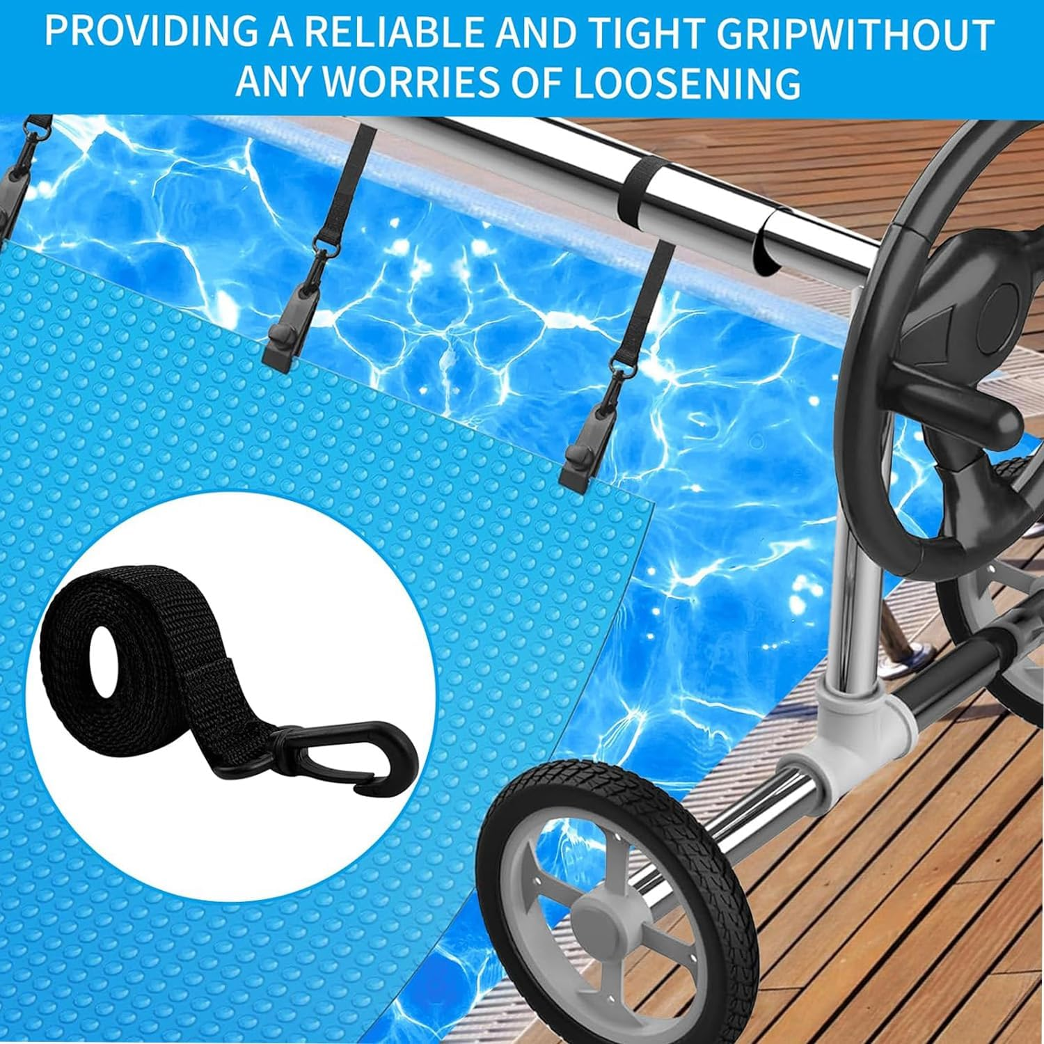 24 Pcs Pool Solar Cover Reel Attachment Kit, Inground Swimming Pool Solar Cover Straps and Clips, Solar Blanket Straps Kit Including 8 Straps with Hooks, 8 Clips and 8 Touch Fastener image number 2