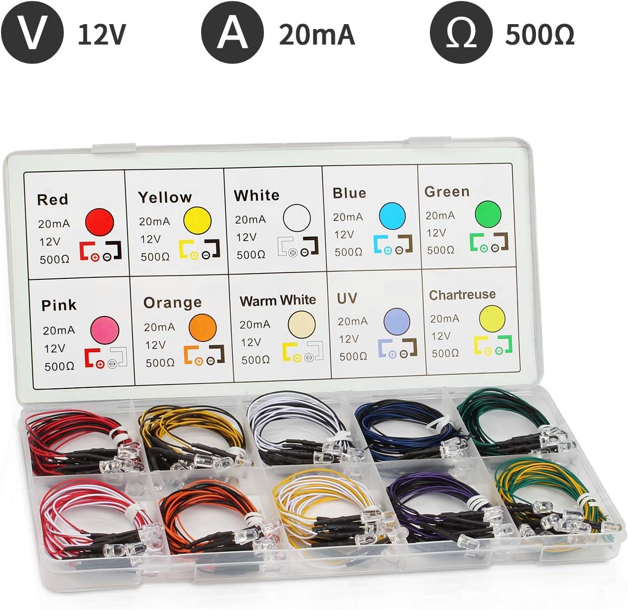 Dicuno 100Pcs(10 Colors X 10Pcs) 5Mm 12V Prewired LED Light Emitting Diode round Head LED Lamp Assorted Color Diodes Resistor Kit image number 4