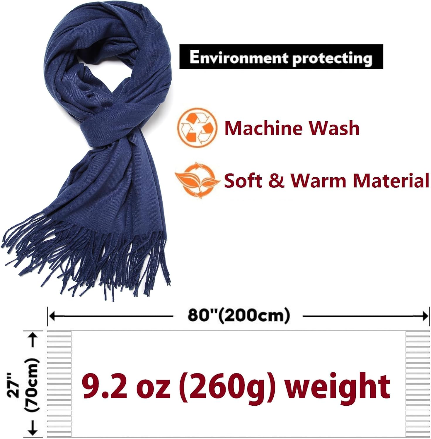 Cindy & Wendy Large Soft Cashmere Feel Pashmina Solid Shawl Wrap Scarf for Women image number 1