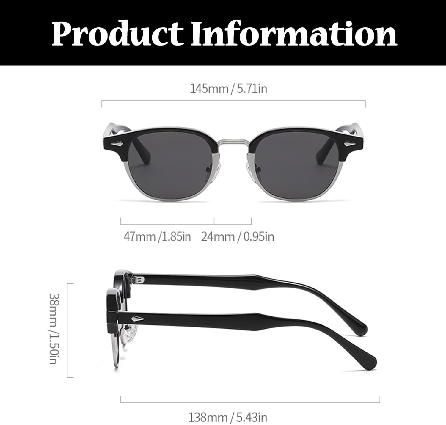 LJCZKA Polarized round Sunglasses for Men Women Retro Small Circle Semi Rimless Sun Glasses Classic Shades UV400 Protection