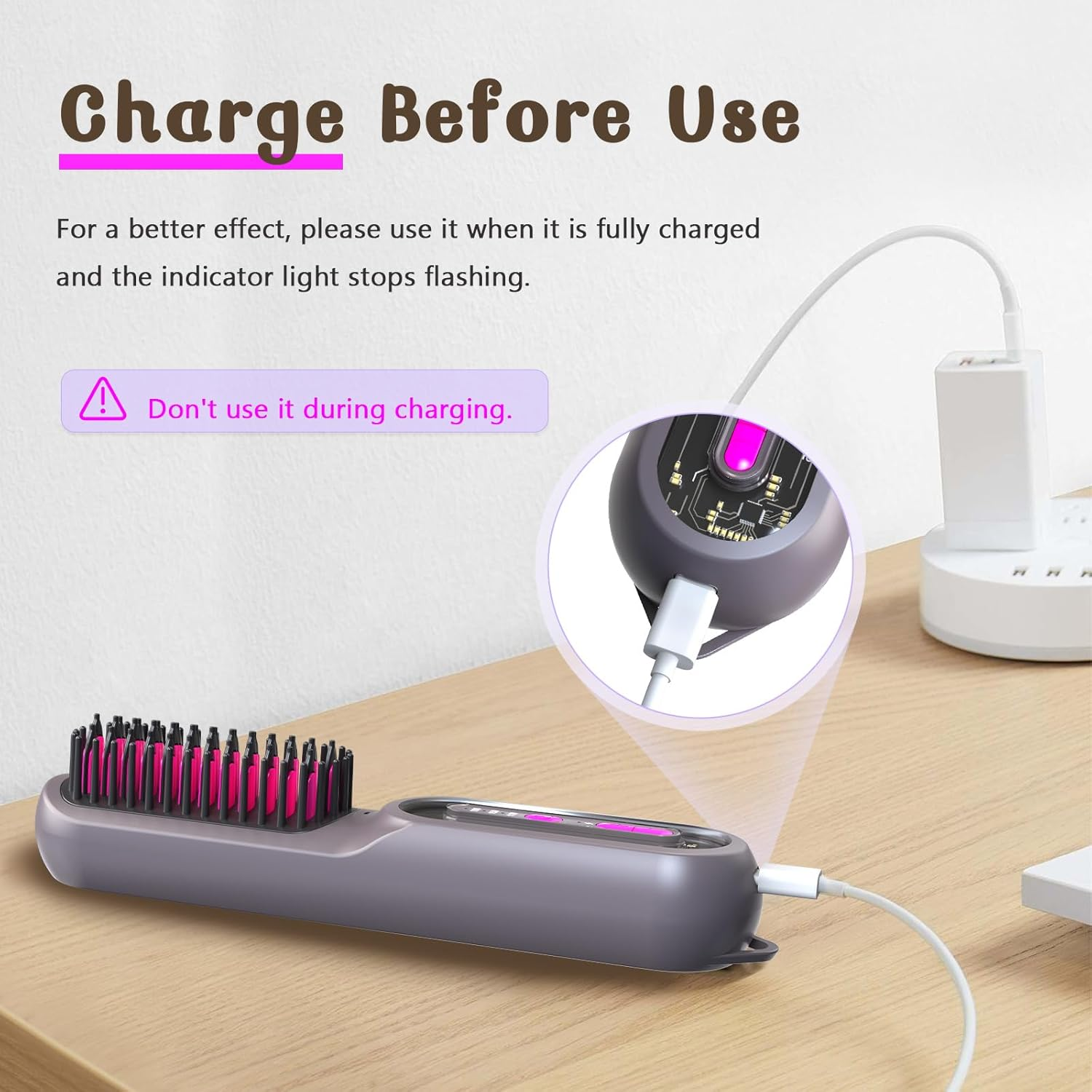 Cordless Hair Straightener Brush, Portable Straightening Brush for Women, Mini Hair Straightener for Travel, 9600Mah Rechargeable Fast Heating Electric Hair Straight Comb, 8X2X1.8Inch, 0.9Lb, Gray image number 1