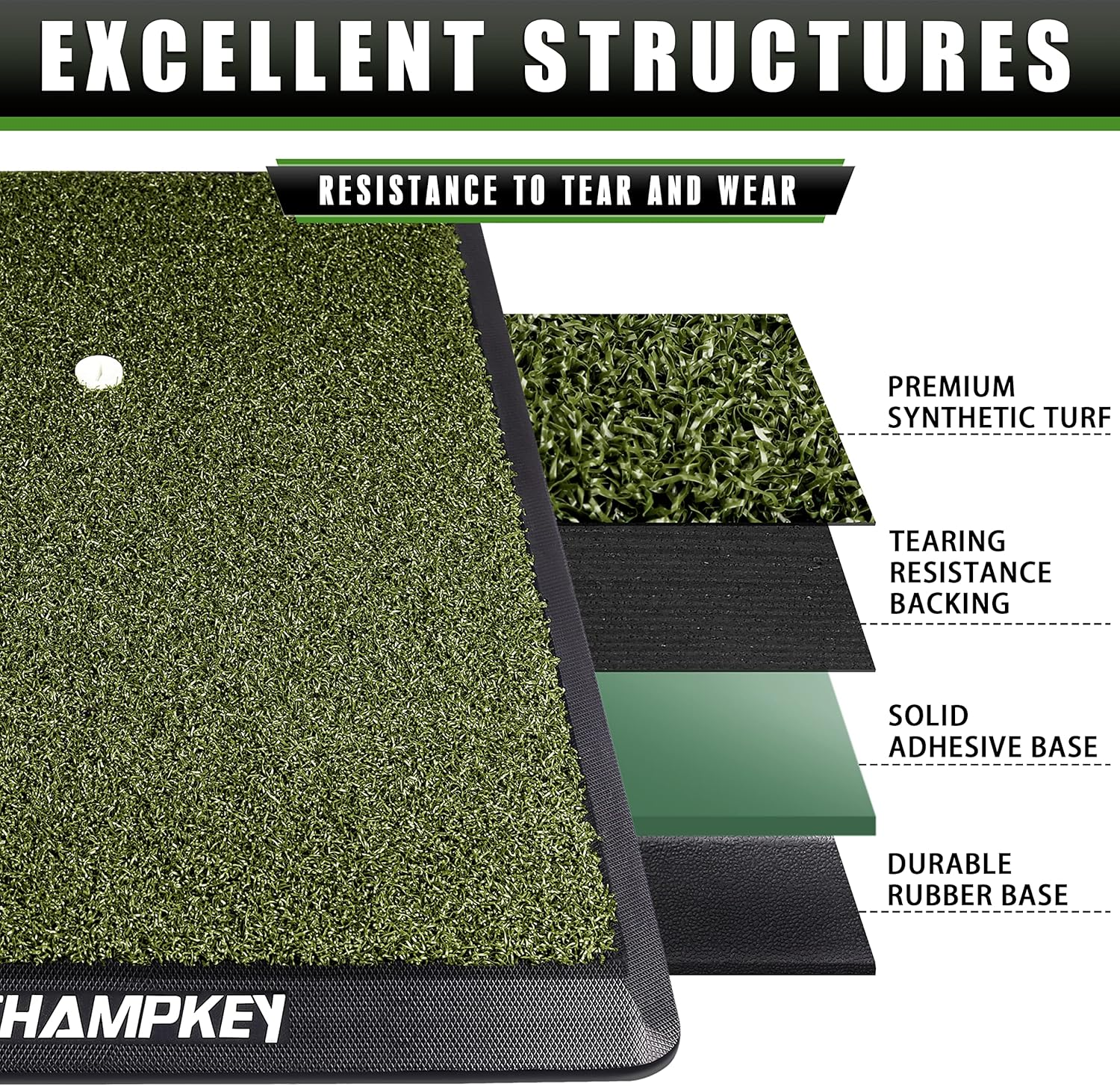 CHAMPKEY Premium Synthetic Turf Golf Hitting Mat | Heavy Duty Rubber Base Golf Practice Mat | Come with 1 Rubber Tee and 9 Plastic Tees image number 5