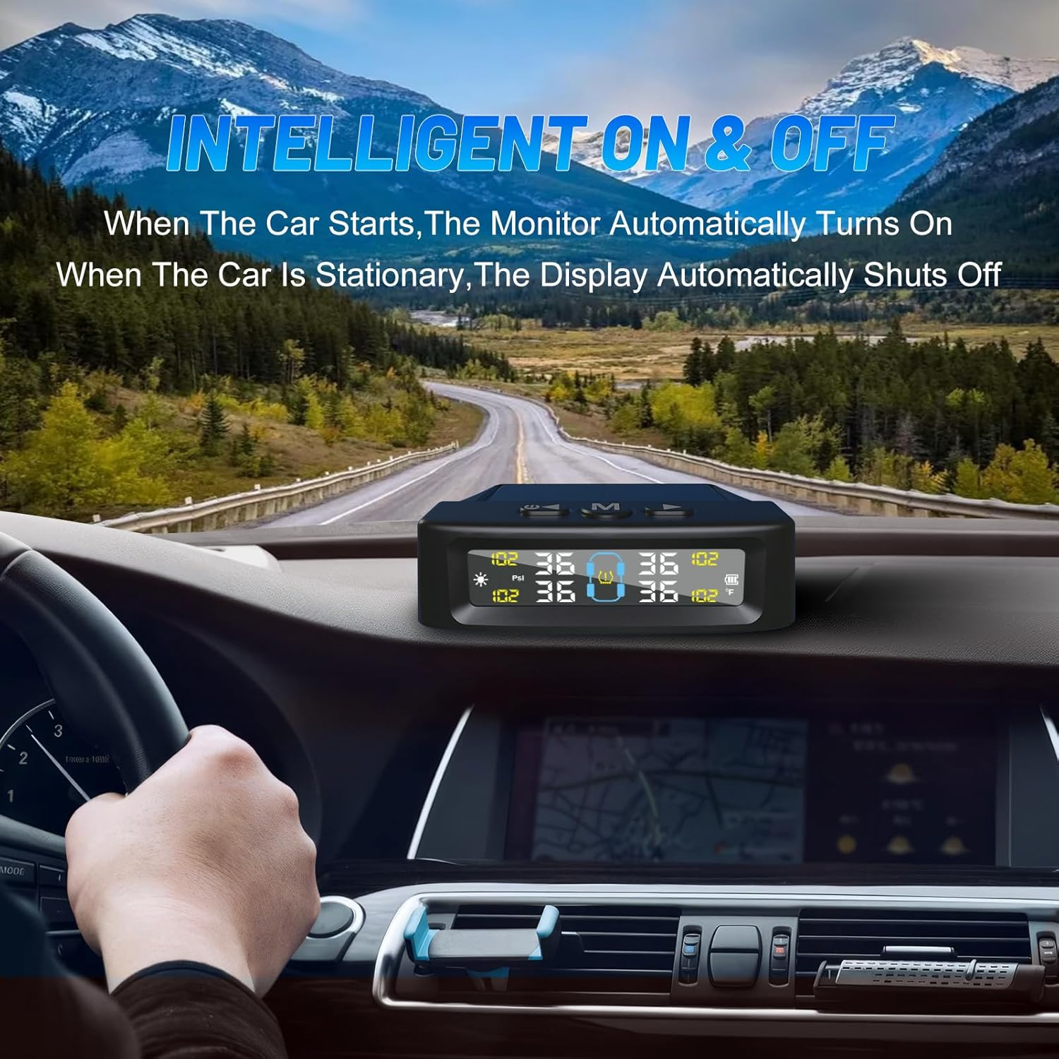 Tire Pressure Monitoring System with 4 External Sensors, TPMS Tire Pressure Monitor System & 6 Alarm Modes, Solar & USB Charge, Easy to Install, LCD Real-Time Display, Auto Sleep Mode image number 1