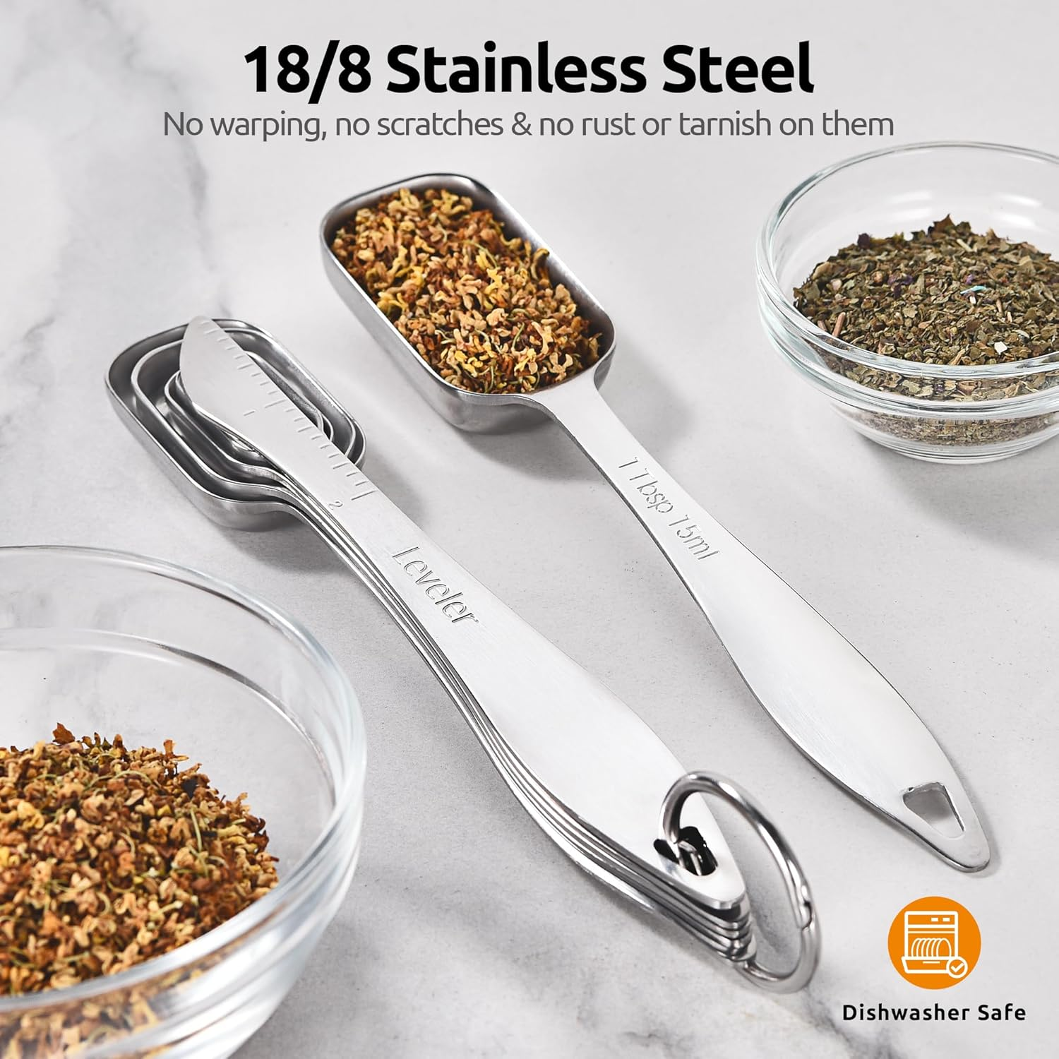 U-Taste 18/8 Stainless Steel Rectangular Measuring Spoons: Narrow Square Measure Teaspoon Tablespoon with Leveler, Heavy Duty Kitchen Metal Jar Scoop for Baking Cooking Ingredients (Set of 8) image number 4