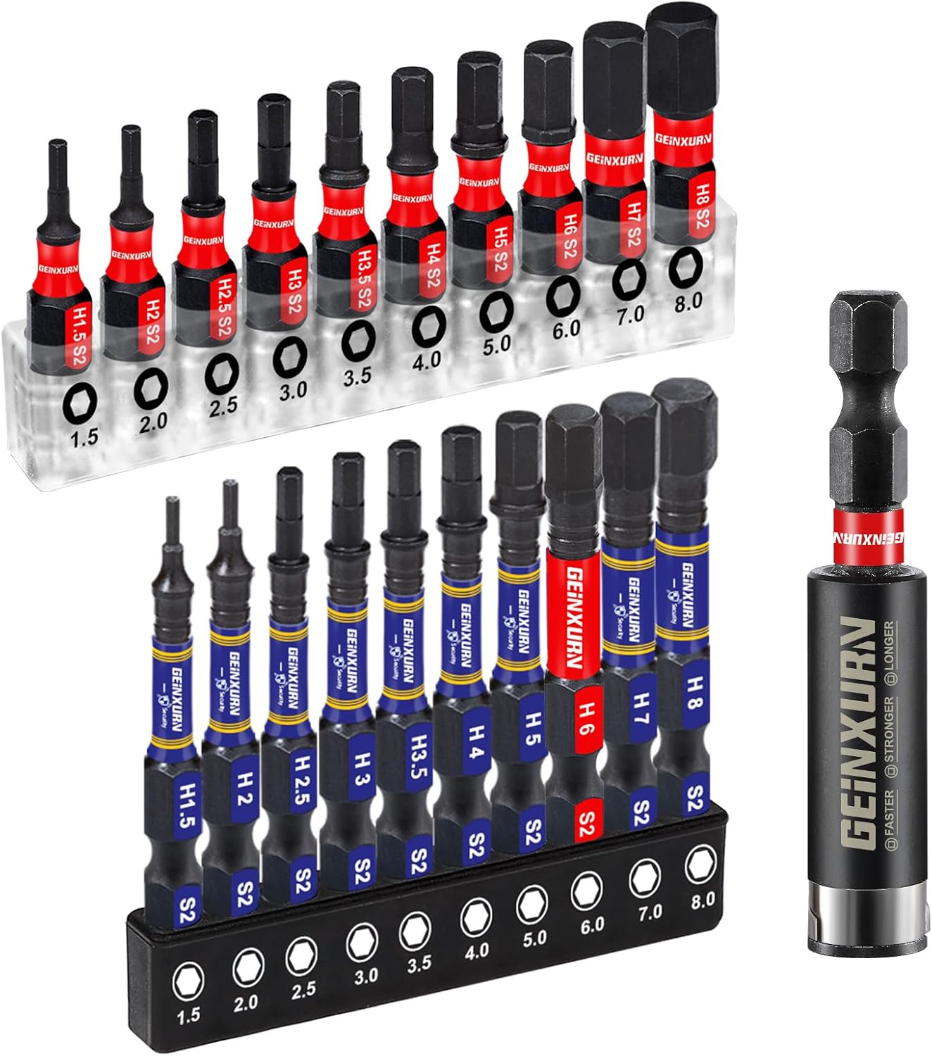 Geinxurn Impact Resistant Screwdriver Bit Set, Hexagonal Bit Set, 20 Pieces Hex (1.5-8 Mm) 25 Mm 50 Mm 1/4 Inch Hex Shank S2 Alloy Steel Screwdriver Bits with 1 Piece 60 Mm Magnetic Bit Holder image number 3