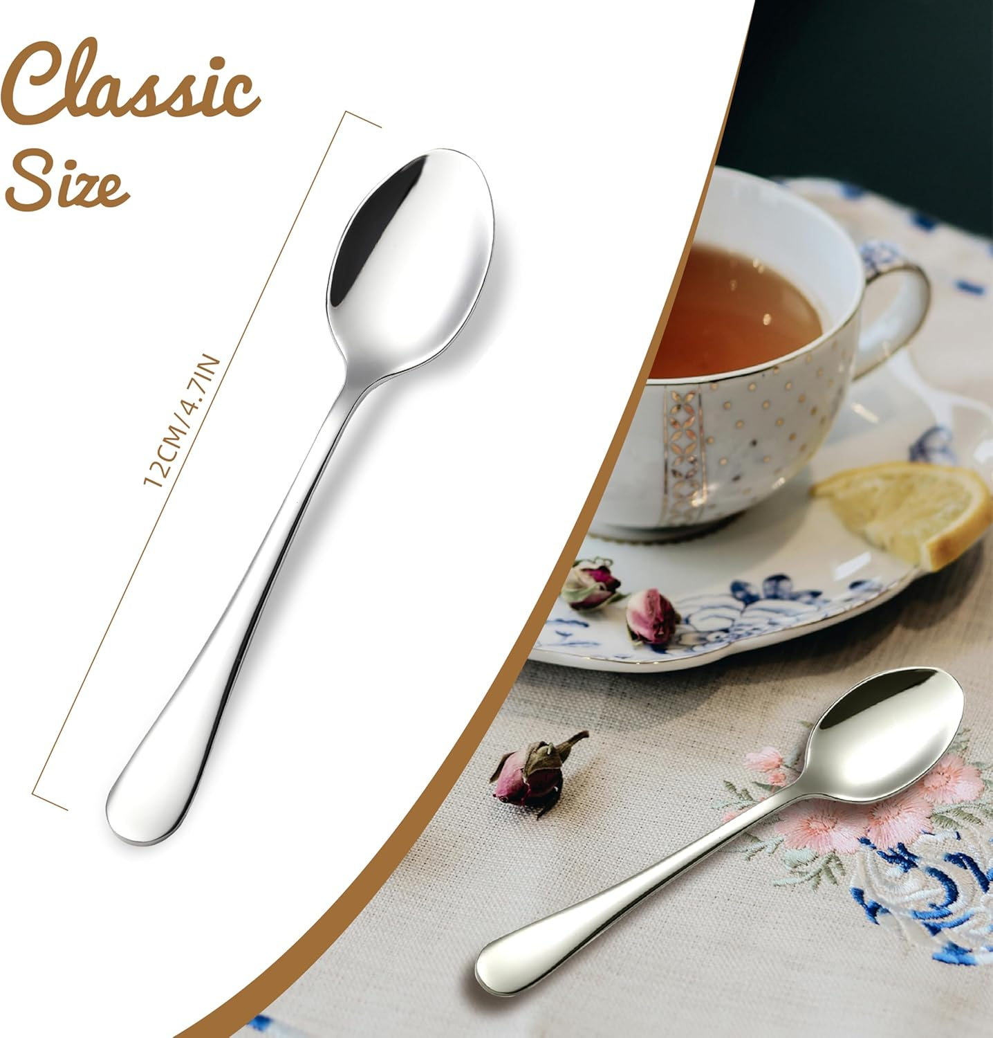 Tiokin 6 Pcs Teaspoons Set, 12Cm Coffee Spoons, Espresso Spoons, Stainless Steel Small Spoons Set for Coffee, Tea, Dessert, Appetizer, Ice Cream, Dishwasher Safe Use for Home, Cafe image number 3