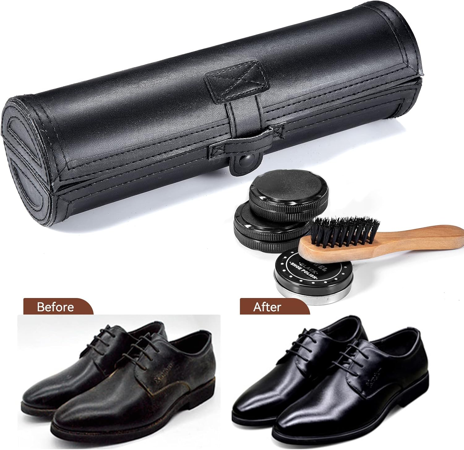 YUET Shoe Polish Kit Cleaning Shine Care Barrel Set for Brown Black Leather with Brush Travel Case Luxury Premium Soft Horsehair Bristle Dauber, Wooden Applicator, Shoehorn, Cloth 9 Piece Black Pouch image number 5