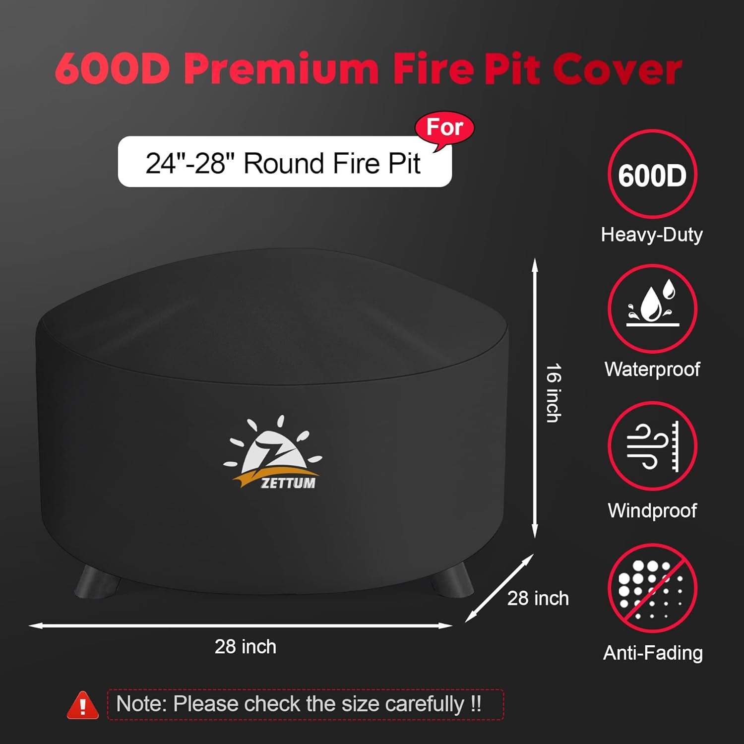 Zettum Fire Pit Cover round 28 Inch - Outdoor Firepit Cover Heavy Duty & Waterproof, 600D Patio Fire Table Cover Gas Fire Pit Accessories Fit 27" Solo Stove Yukon Series Firepit - 28 X 28 X 16 Inch image number 4