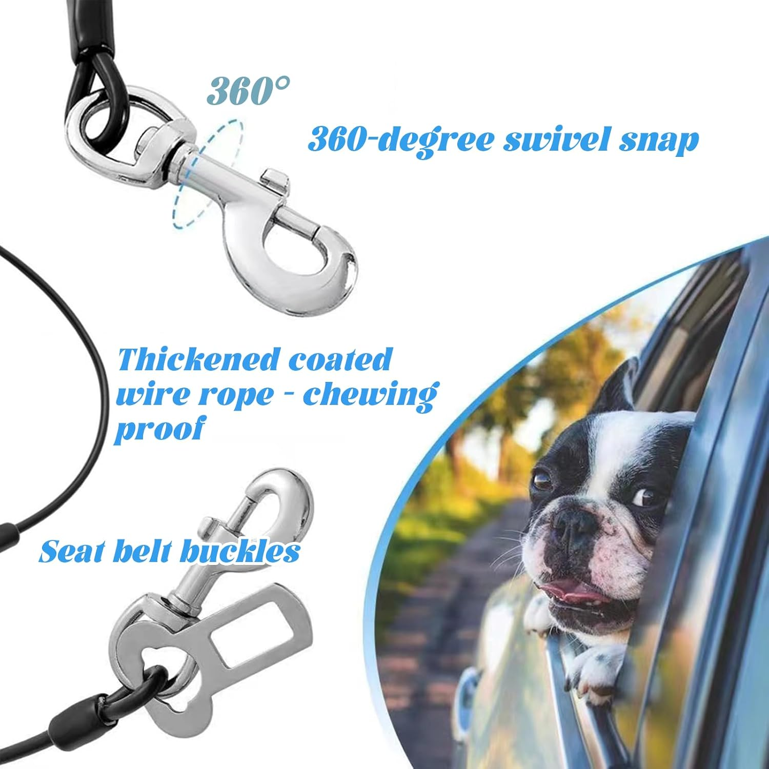 Car Harness for Dogs, Chew Proof Coated Steel Rope, Car Seat Belt with Double Clips and Buckle, Dog Chain, Leash, Vehicle Harnesses for Small Medium Large Dogs, Black And