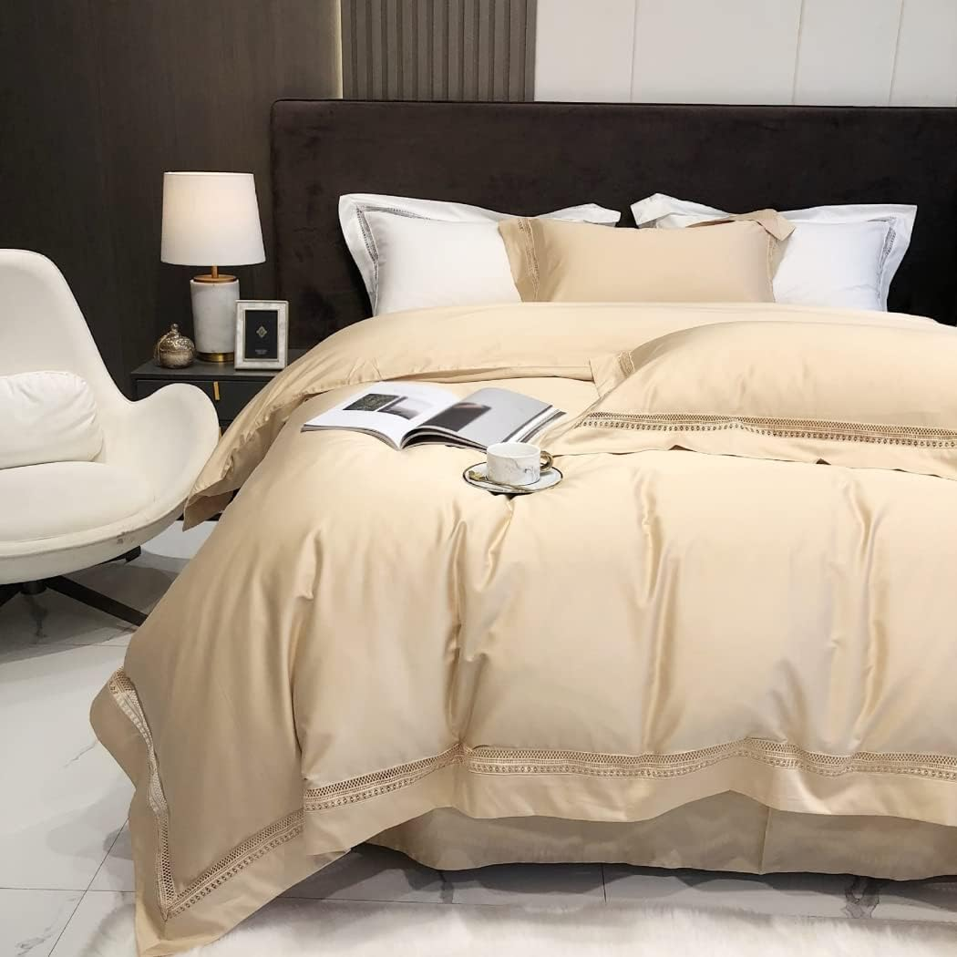 Modern Minimalist Hollow Edge Long-Staple Cotton Four-Piece Set Cotton Cotton Solid Color Quilt Cover Bedding,Gold,2200 * 2400Mm image number 4