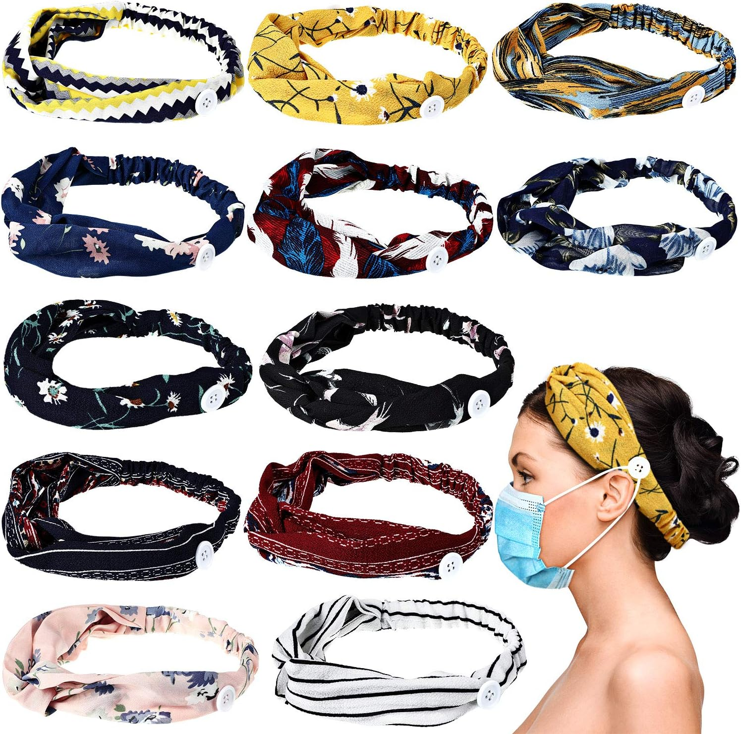 WILLBOND 12 Pieces Headbands with Buttons for Mask Women Button Hair Band for Nurses Doctor Protect Ears, Boho Stretchy Cross Knotted Headband Elastic Yoga Sports Headbands Non Slip Turban Headwrap image number 1