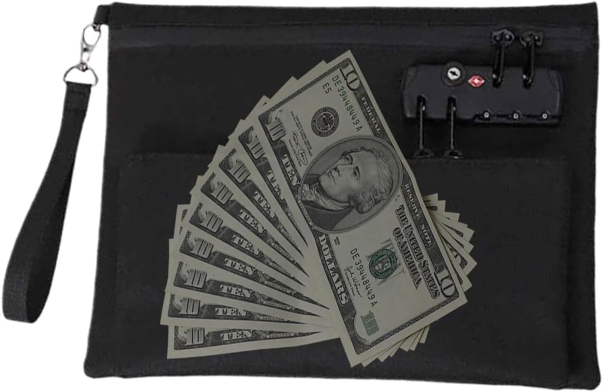 Money Bag with Lock with Zipper - Double Layer Portable Waterproof Money Bag for Banking Pockets Cash Envelopes Wallet for Passport Coin Bills Cosmetics for Camping School Hospital Car image number 4